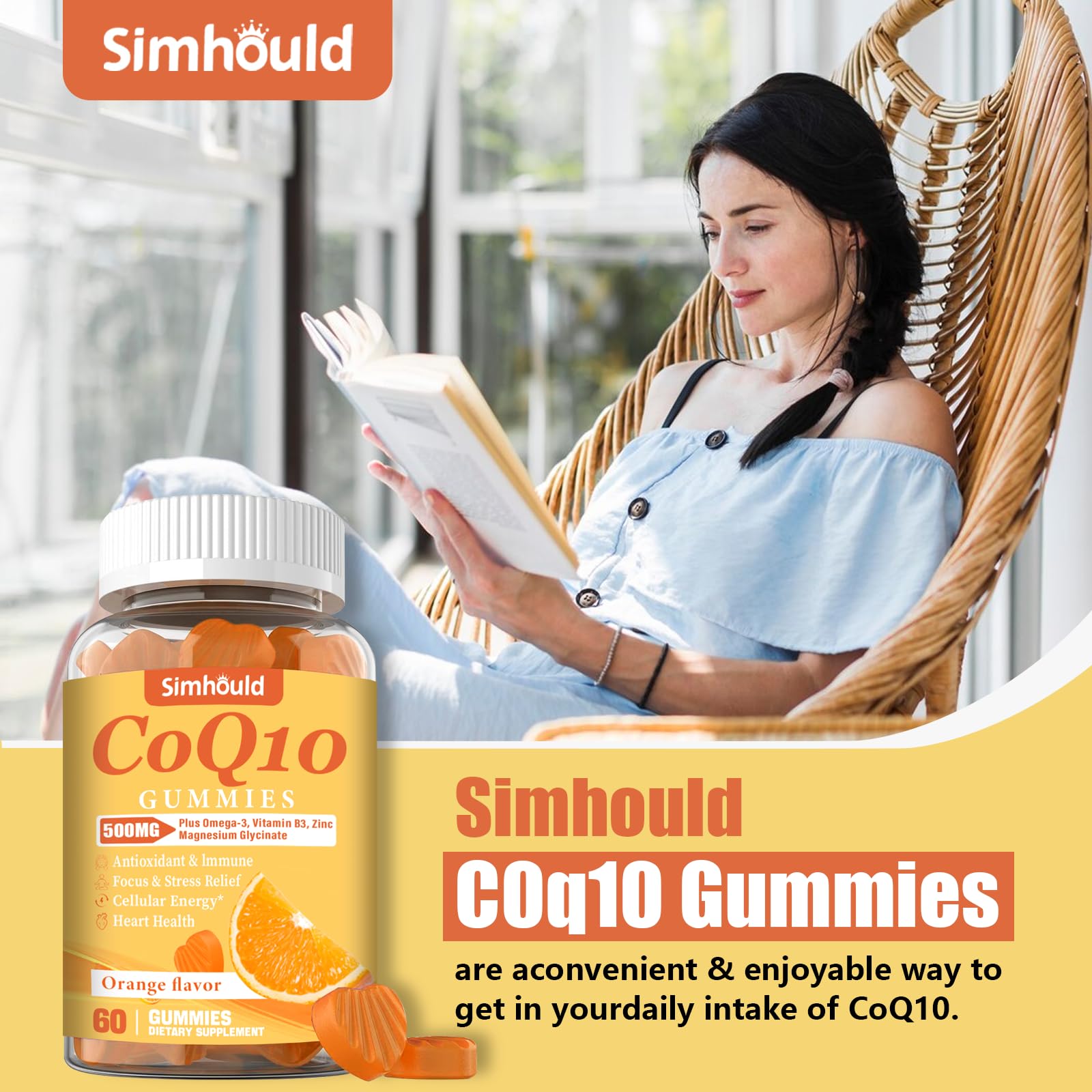 Simhould CoQ10 gomitas en caja, presentación completa.