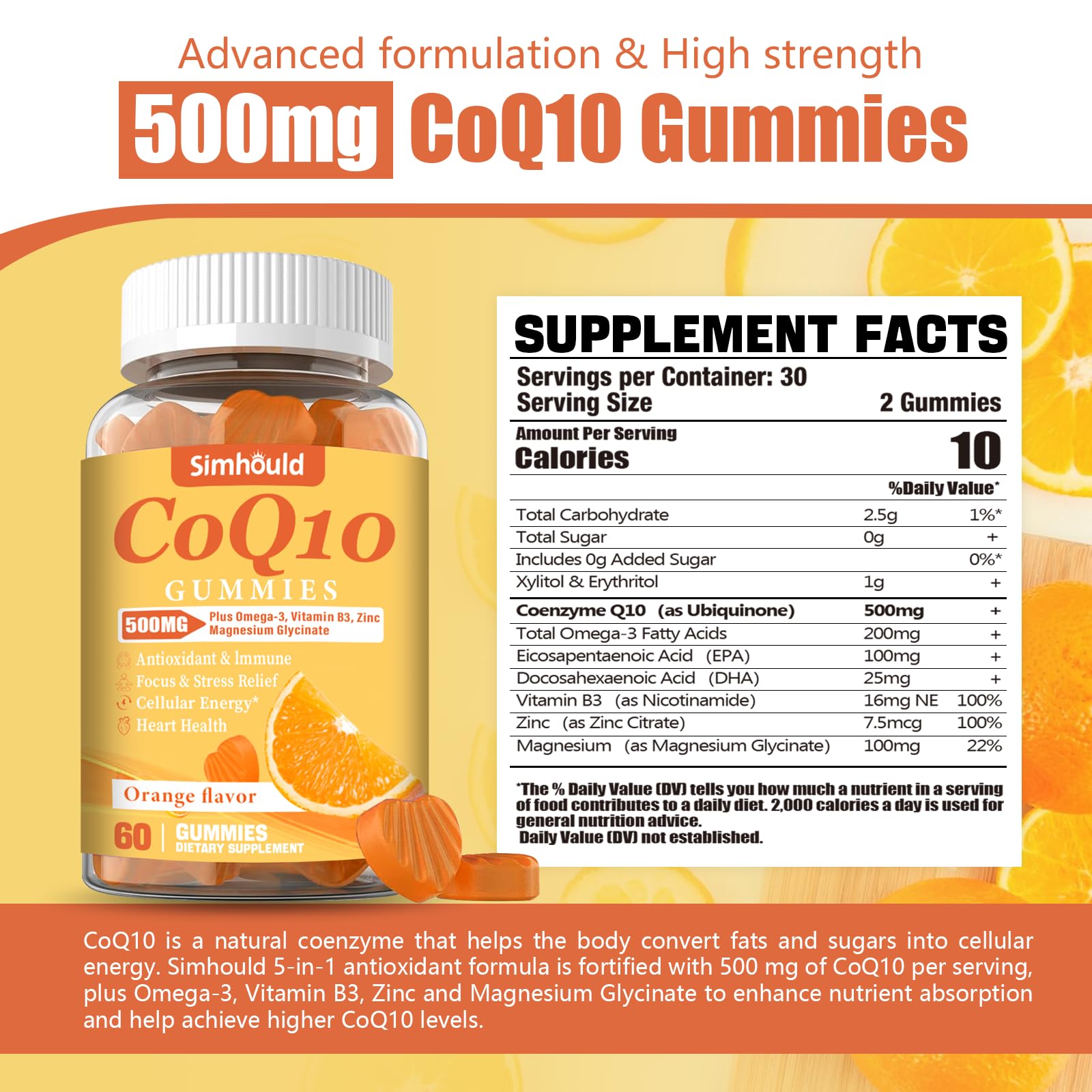 Simhould CoQ10 gomitas, etiqueta detallada con ingredientes clave.