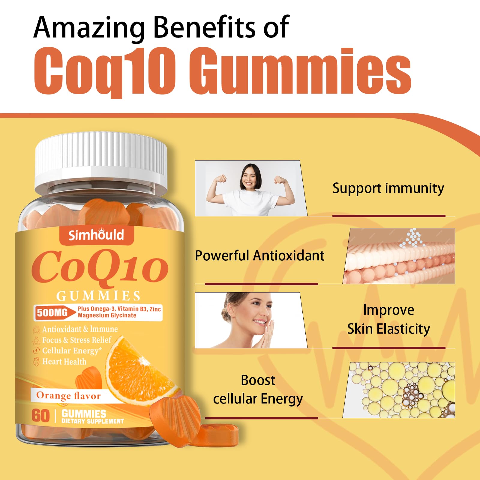 Simhould CoQ10 gomitas en manos, consumo diario fácil.