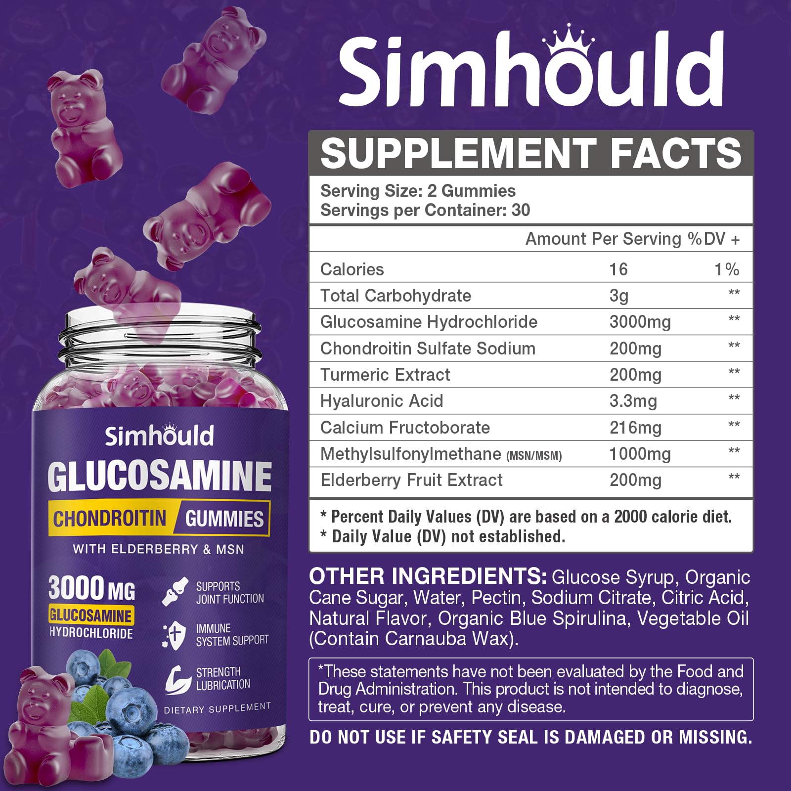 Etiqueta de Simhould destaca 3000 mg de glucosamina y MSM.