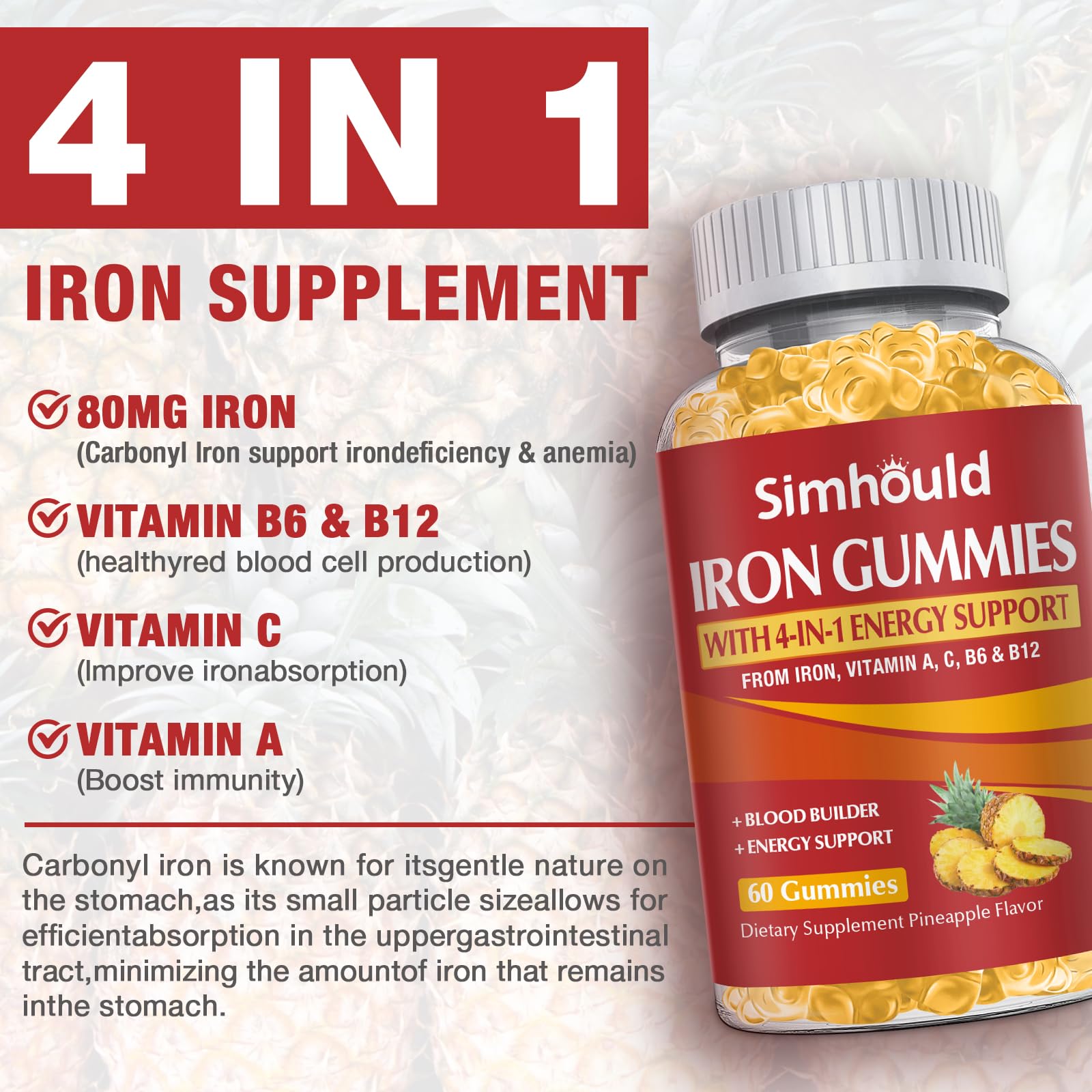 Simhould gominolas de hierro con vitaminas A y C para energía diaria