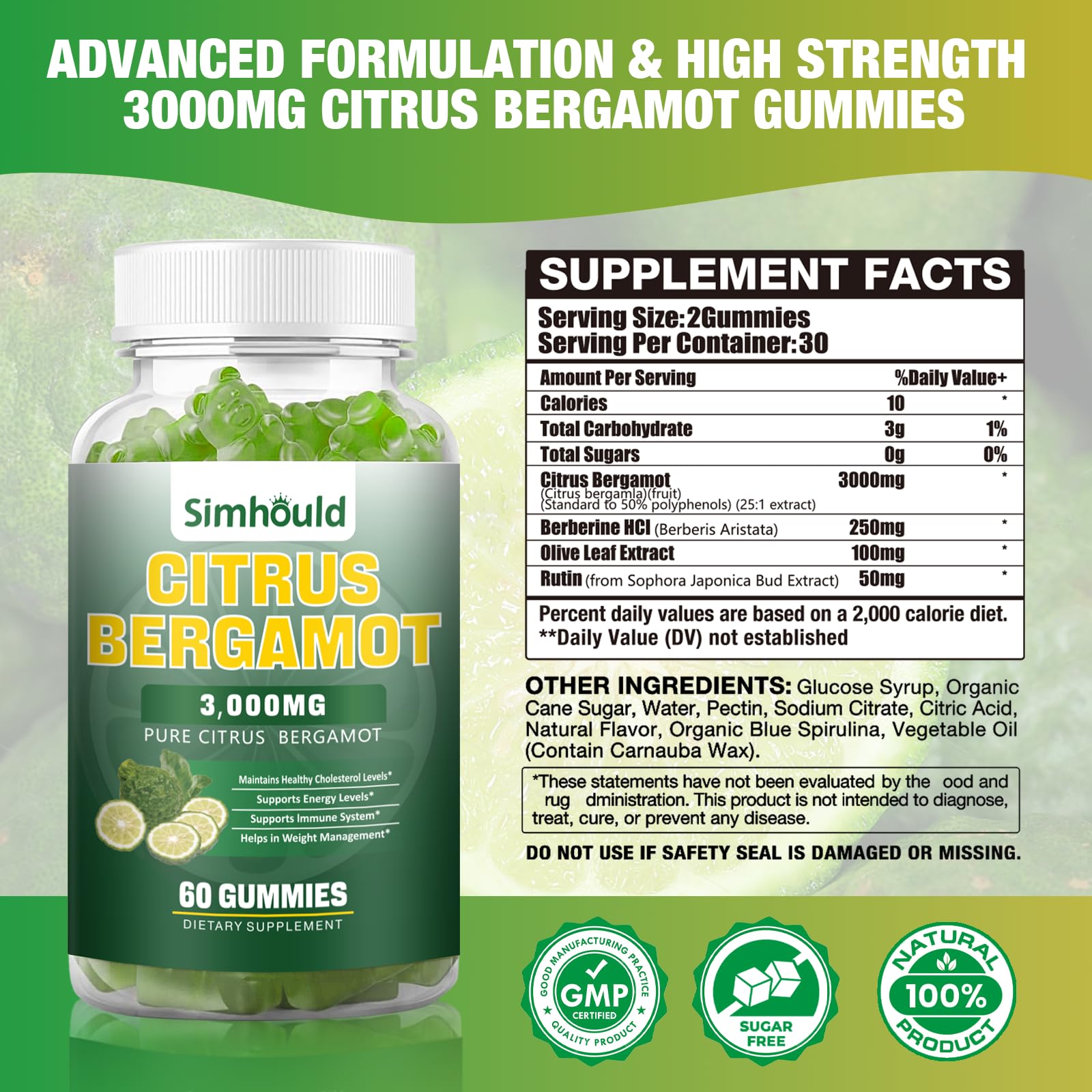 Extracto bergamota Simhould 3000mg y berberina 50mg, fórmula completa