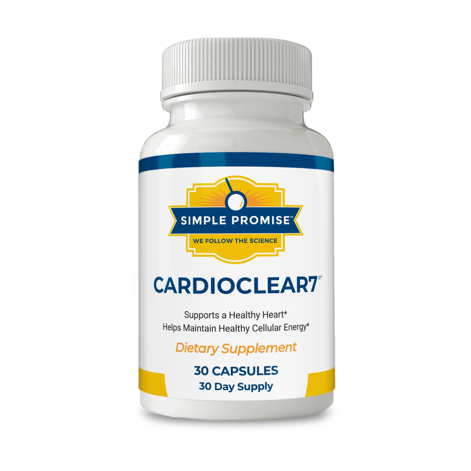 CardioClear7 de Simple Promise, botella frontal, posible impulso de energía diaria.