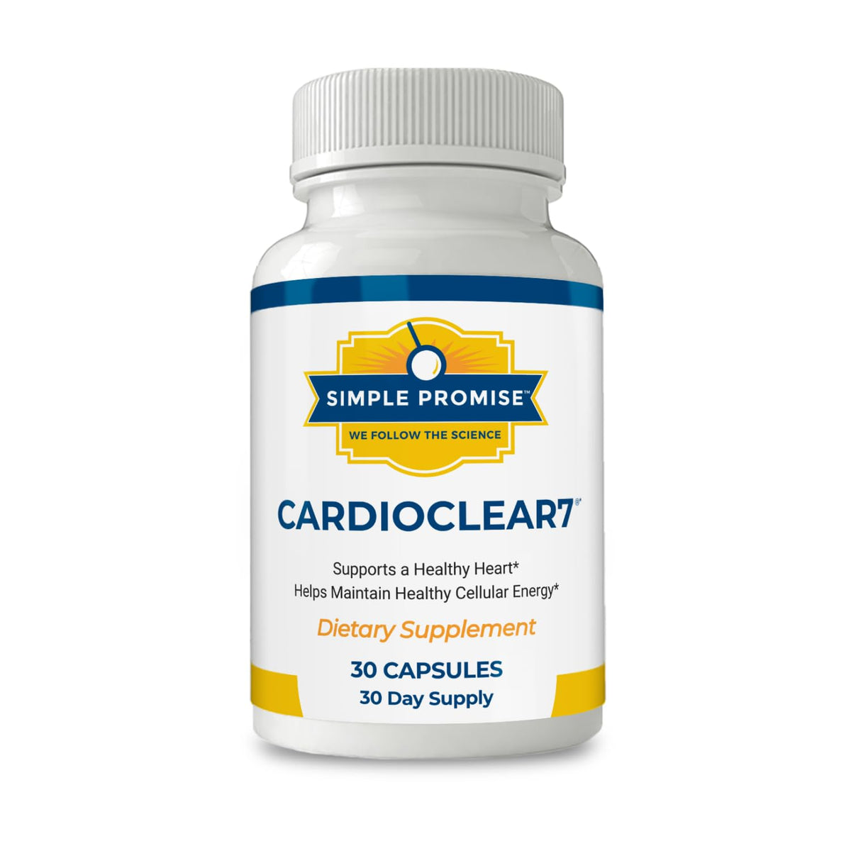 CardioClear7 de Simple Promise, botella frontal, posible impulso de energía diaria.