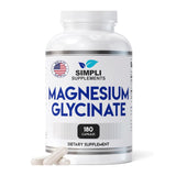 Simpli Supplements Magnesio Glicinato 400 mg, botella, promueve relajación sin malestar estomacal.