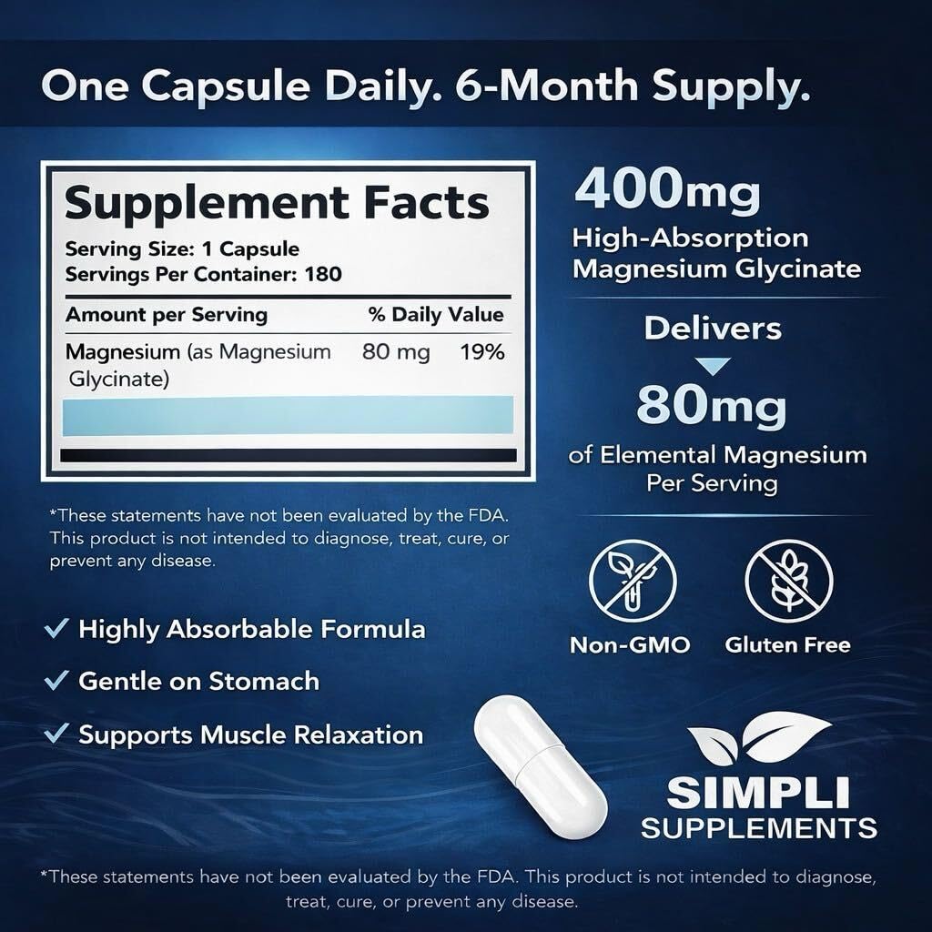 Simpli Supplements Magnesio Glicinato 400 mg, etiqueta de calidad y seguridad.
