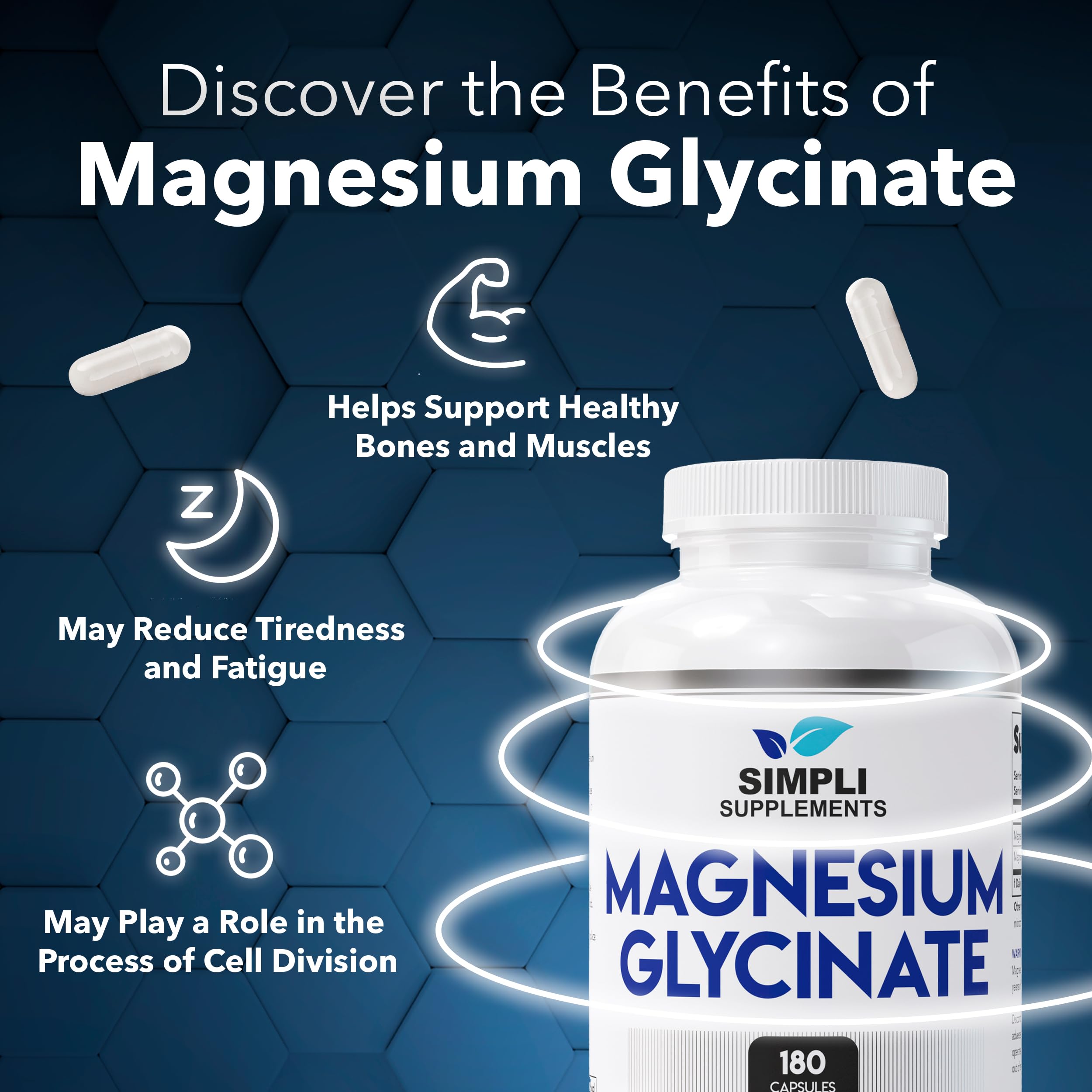 Simpli Supplements Magnesio Glicinato 400 mg, apoyo para sueño y relajación.