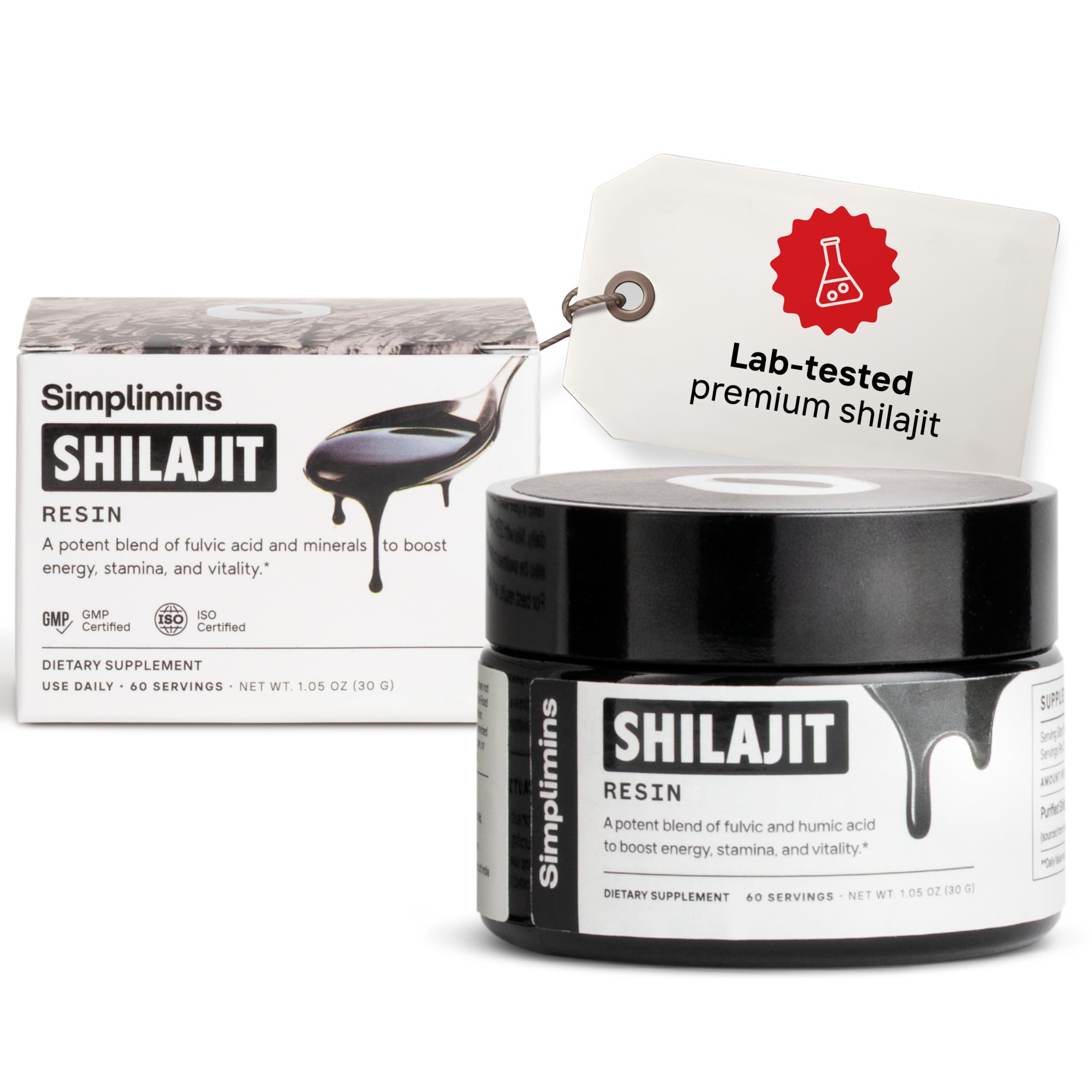 Simplimins Shilajit Resin en envase frontal para energía natural diaria.