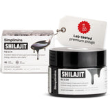 Simplimins Shilajit Resin en envase frontal para energía natural diaria.