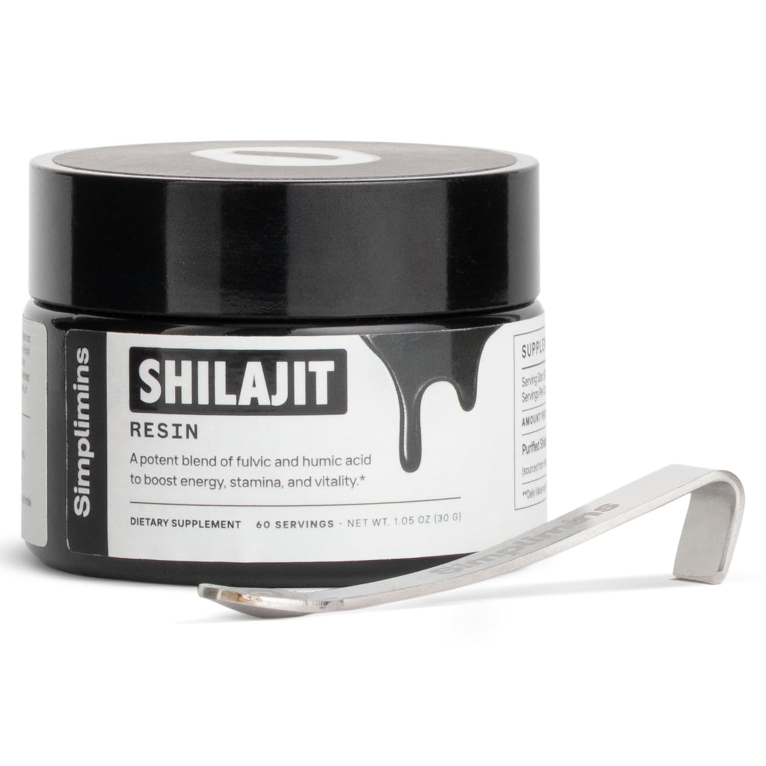 Simplimins Shilajit Resin etiqueta visible, pureza y perfil ayurvédico.