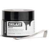 Simplimins Shilajit Resin etiqueta visible, pureza y perfil ayurvédico.