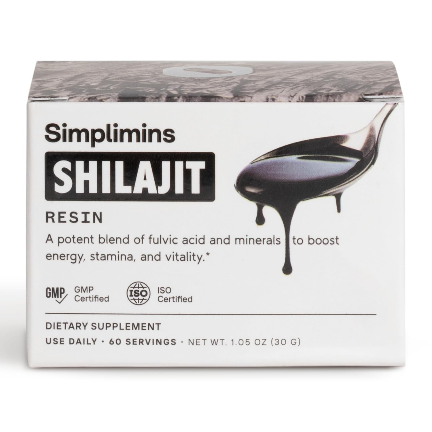 Simplimins Shilajit Resin polvo oscuro, listo para mezclar y revitalizar.