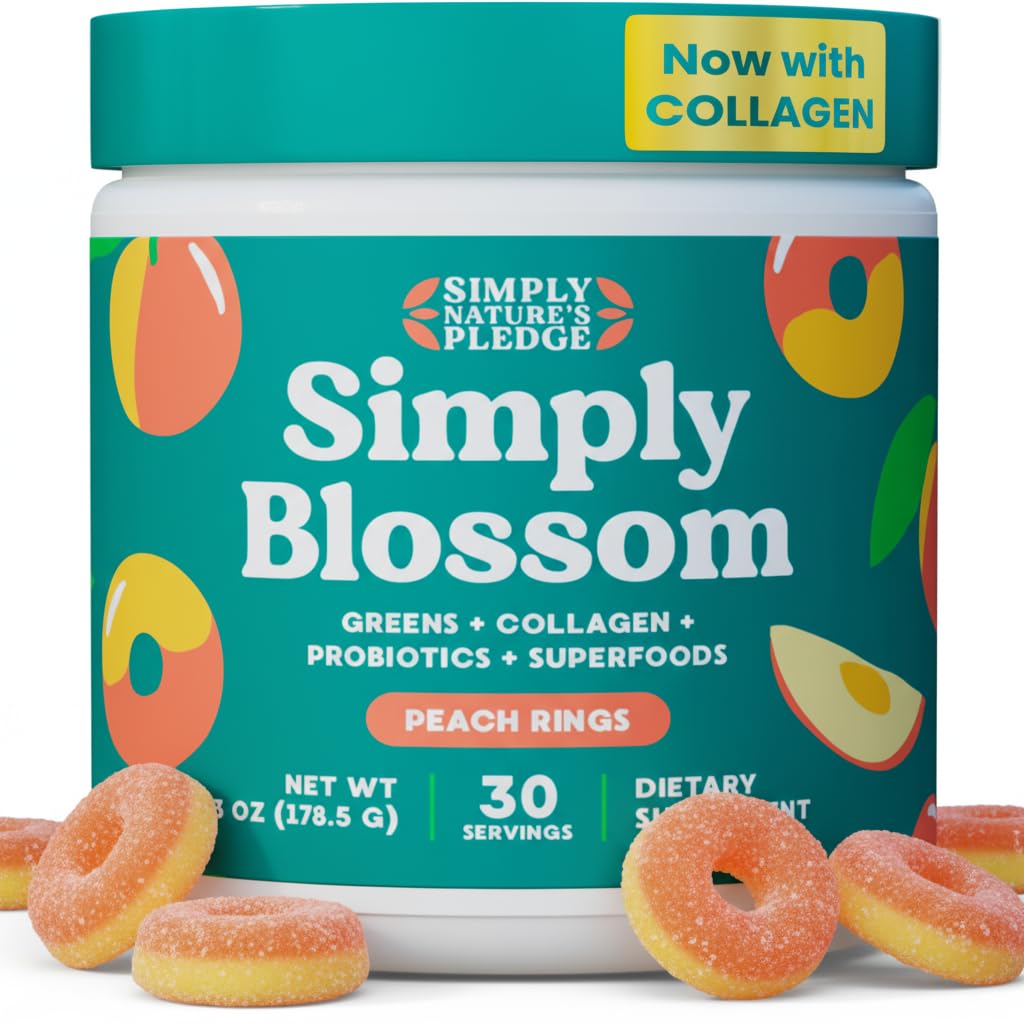 Simply Blossom polvos verdes diarios en botella para energía natural.
