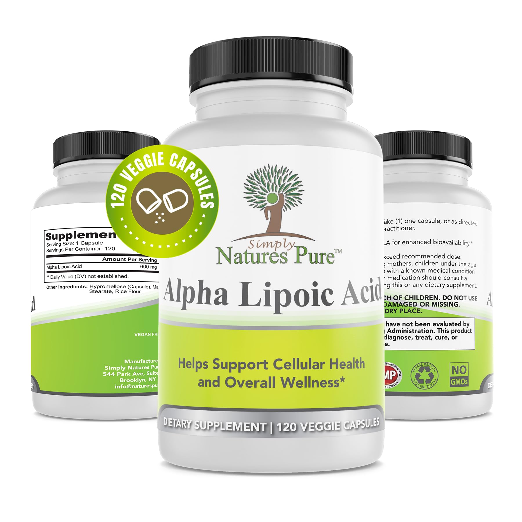 Simply Natures Pure ácido alfa-lipoico 600 mg en botella, opción para uso diario.