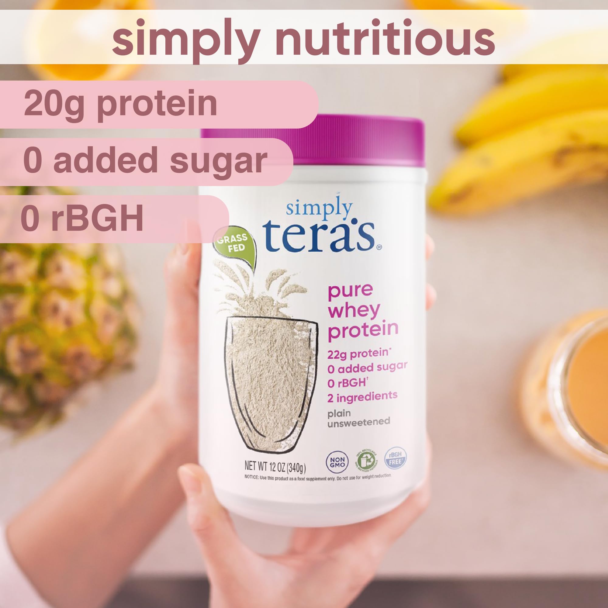 Batido con Simply tera's proteina de suero en vaso, sabor neutro perfecto para recetas