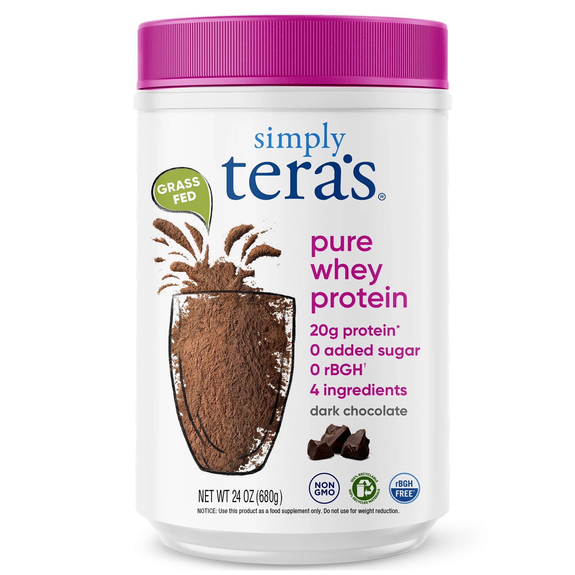 simply tera's proteína de suero chocolate oscuro, bote para batidos sabrosos
