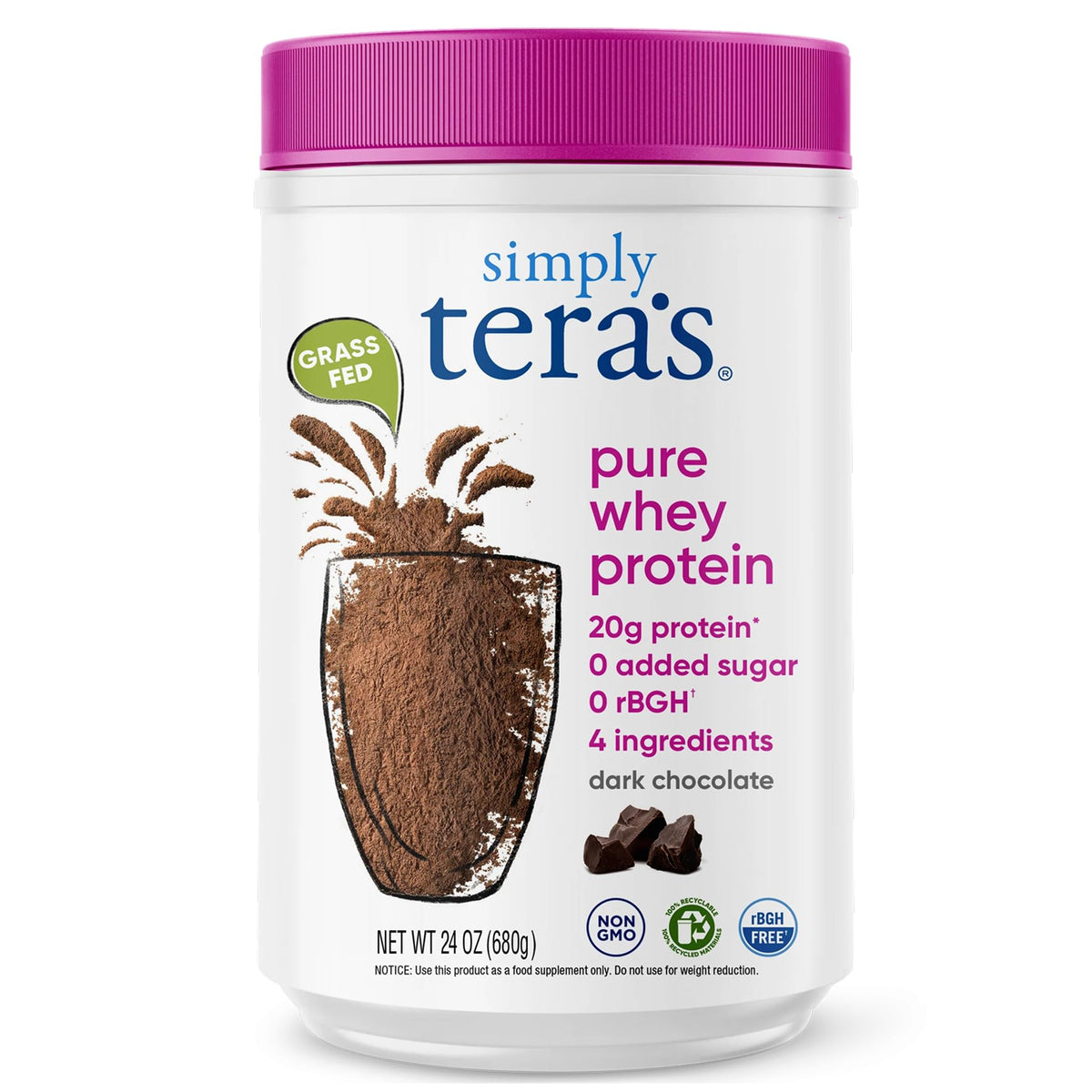 simply tera's proteína de suero chocolate oscuro, bote para batidos sabrosos