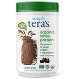 Simply Tera's proteína de suero orgánica en envase chocolate para batidos nutritivos.