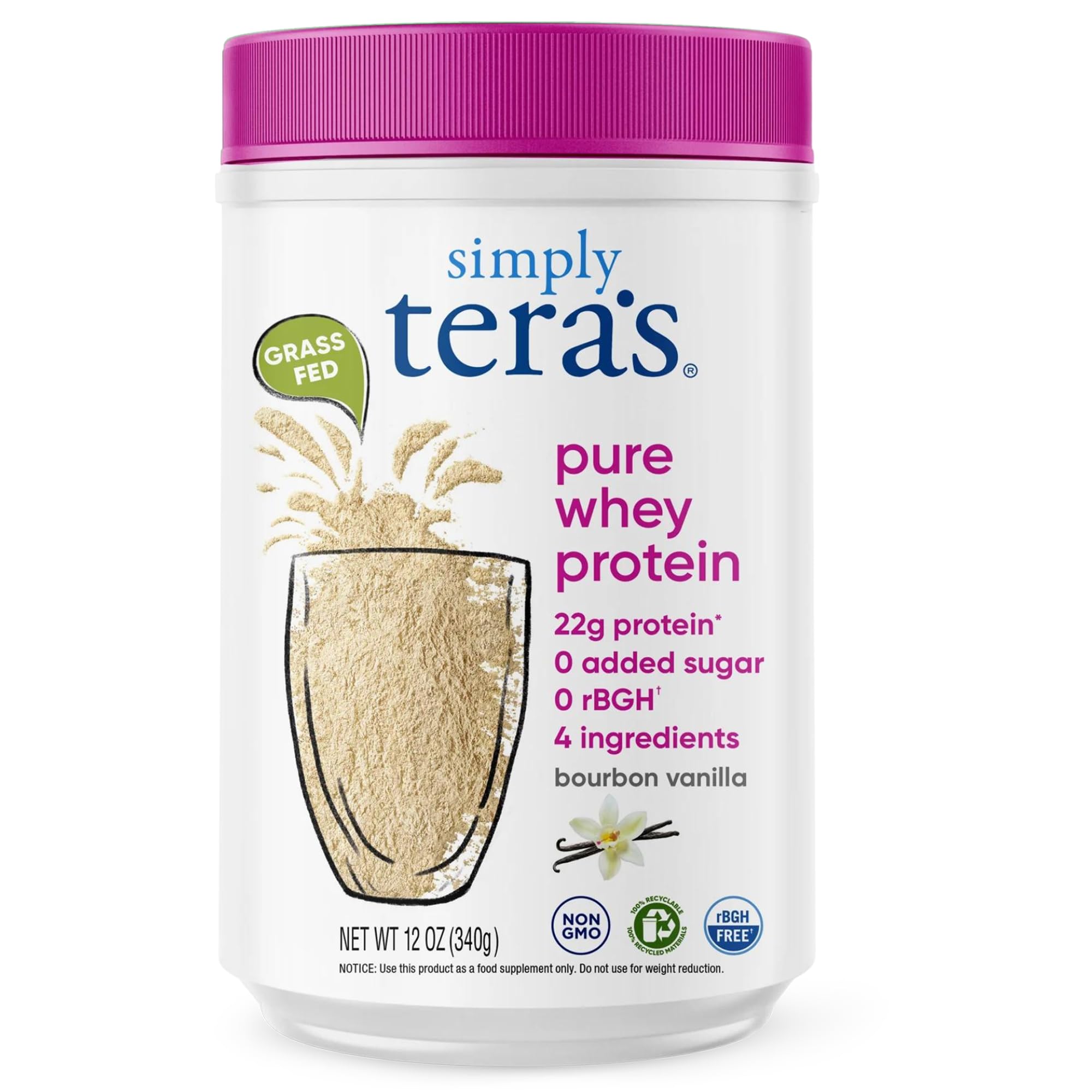 Simply Teras proteína de suero vainilla, frasco 12oz para batidos.