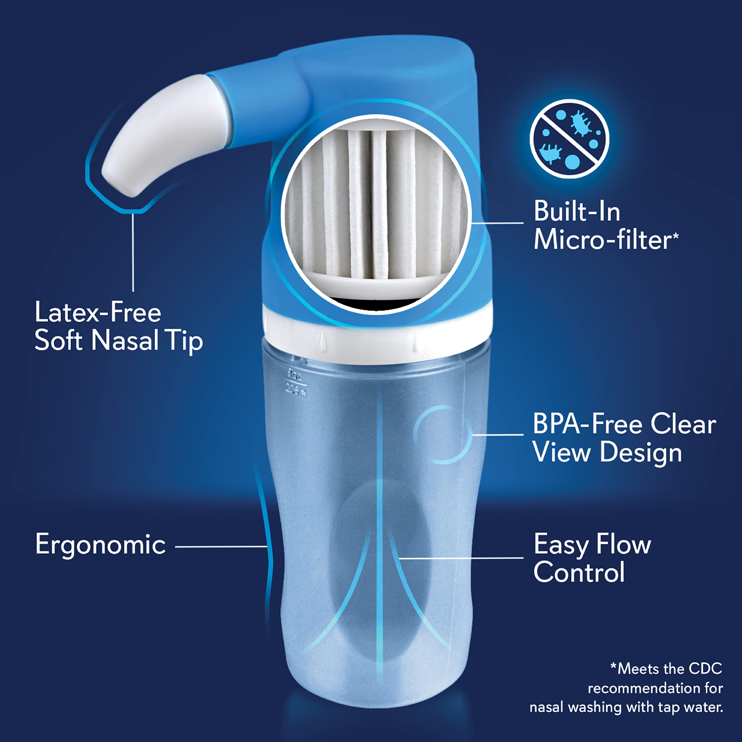 Controla la temperatura del agua con el filtro incorporado durante el lavado nasal.