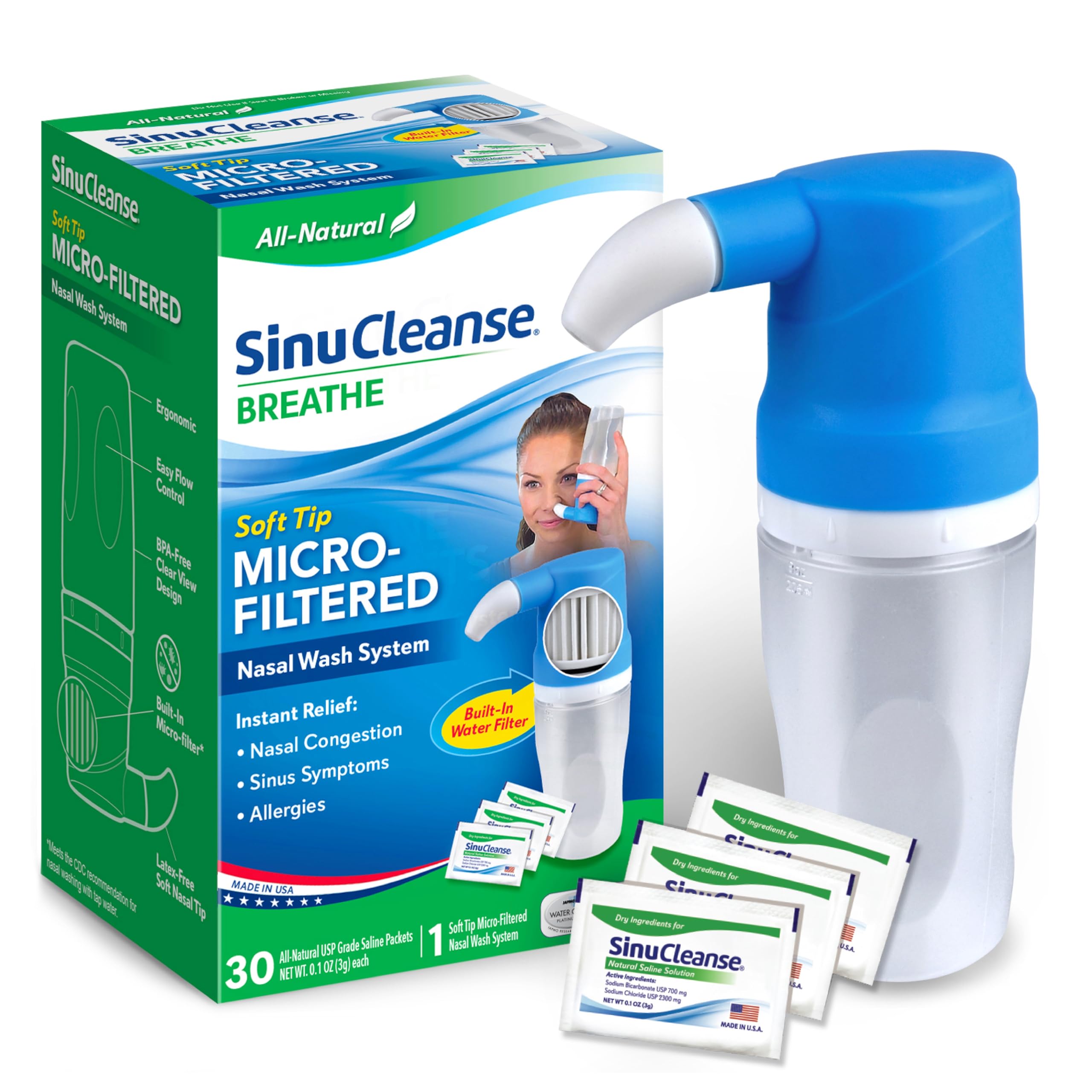 SinuCleanse sistema de lavado nasal con boquilla suave para una experiencia cómoda.