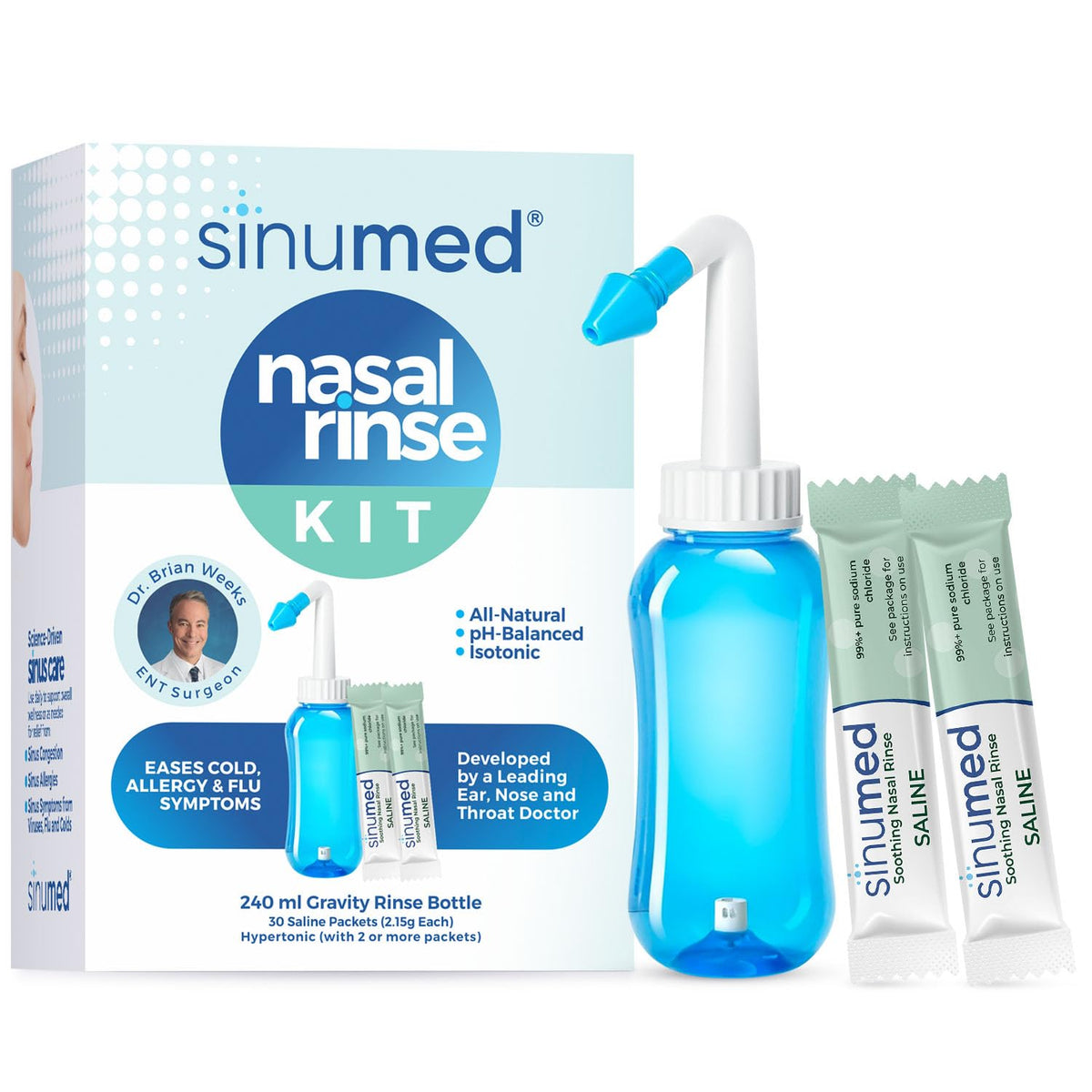 SinuMed enjuague nasal kit con botella de gravedad para limpieza suave.