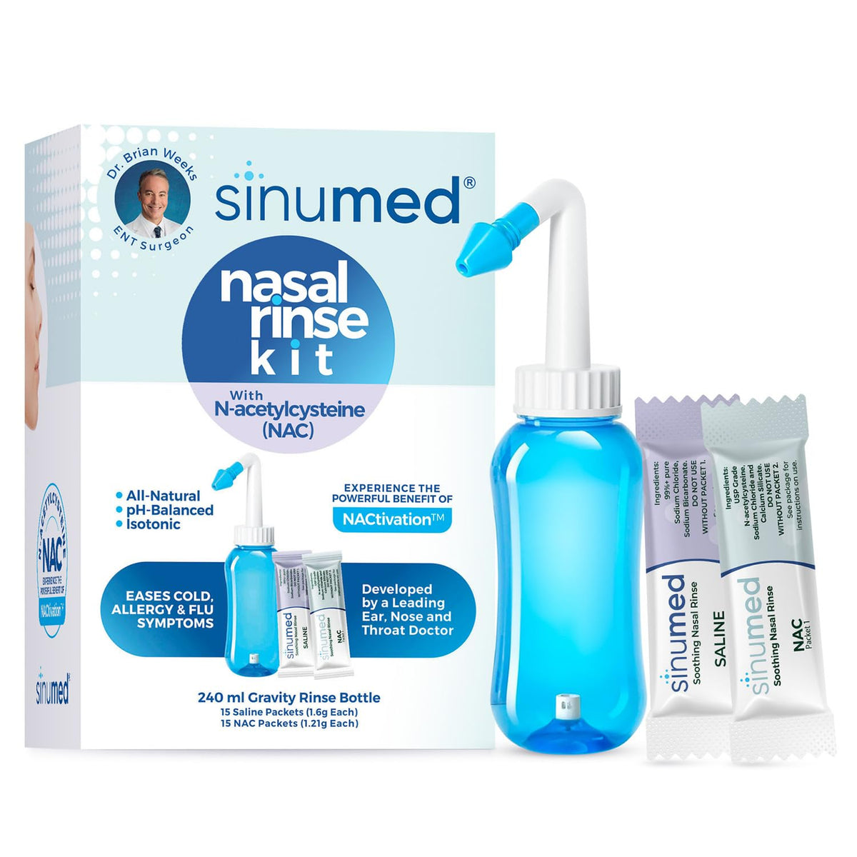 Kit SinuMed de lavado nasal con botella de gravedad y flujo suave para respiración clara.