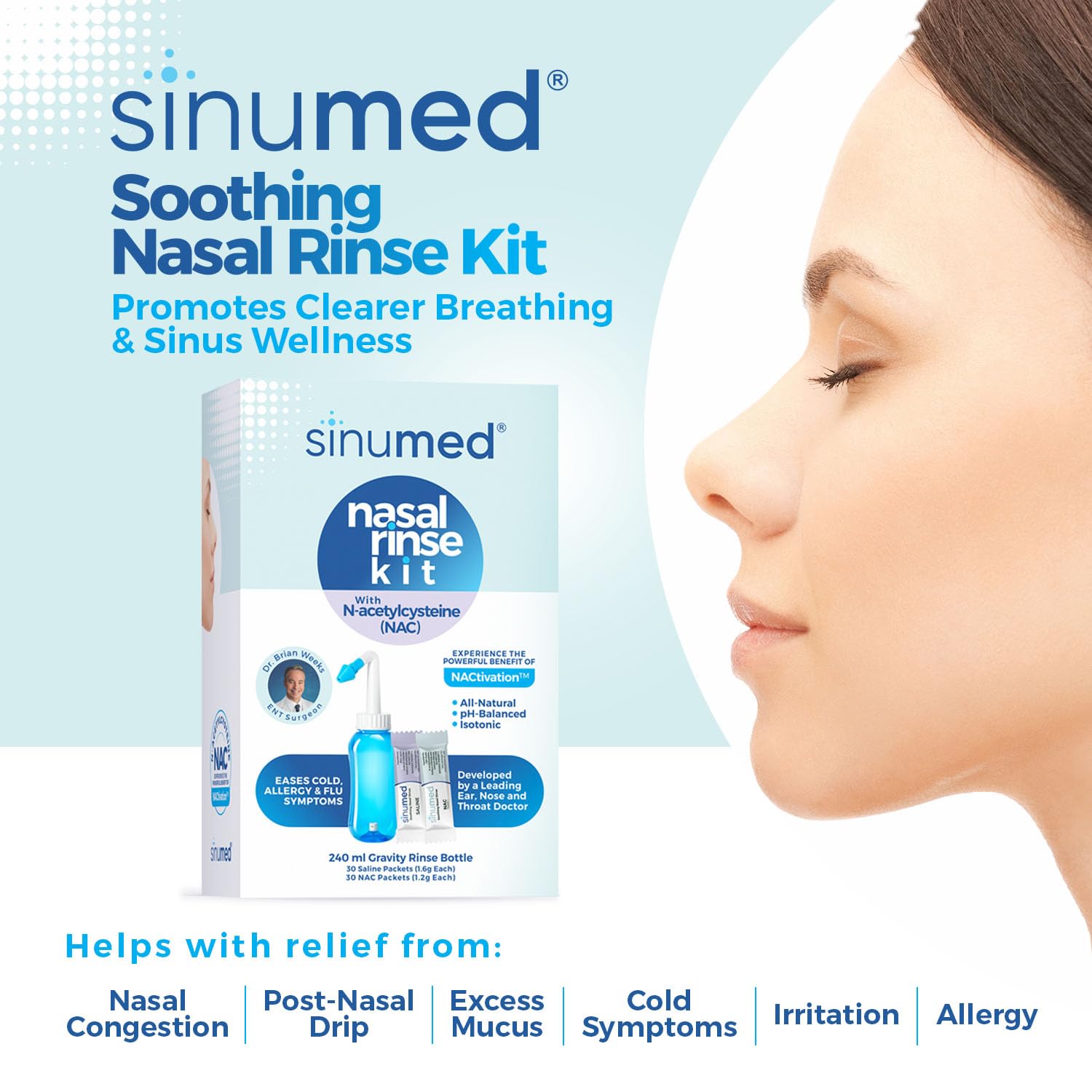 SinuMed Paquetes NAC y Salina: detalle de la solución para enjuague nasal.