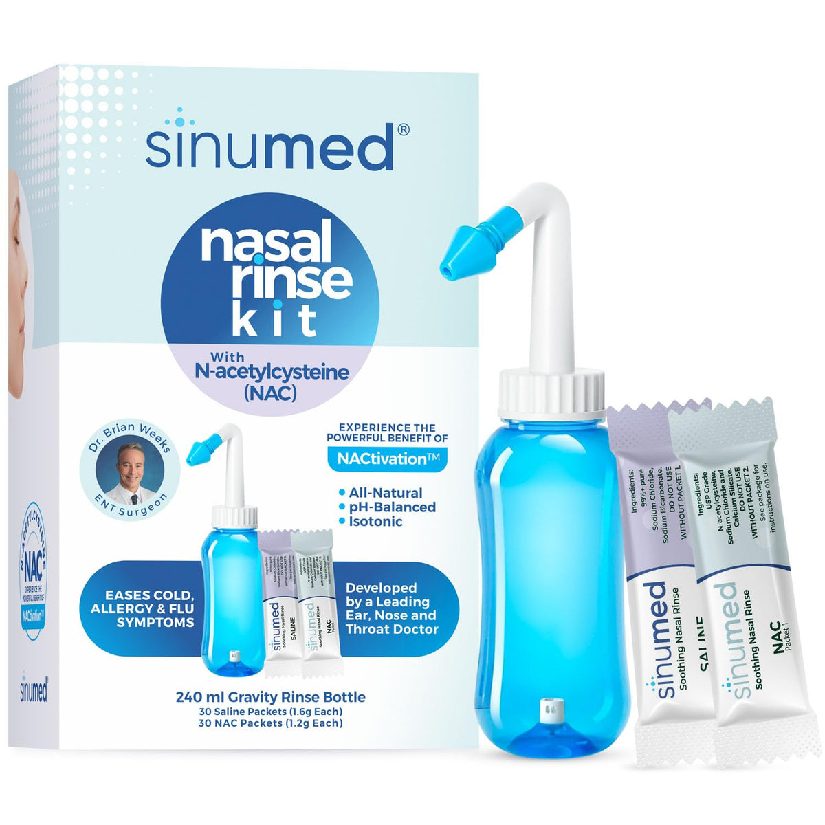 SinuMed Sinus Rinse: botella de gravedad para limpieza nasal suave.