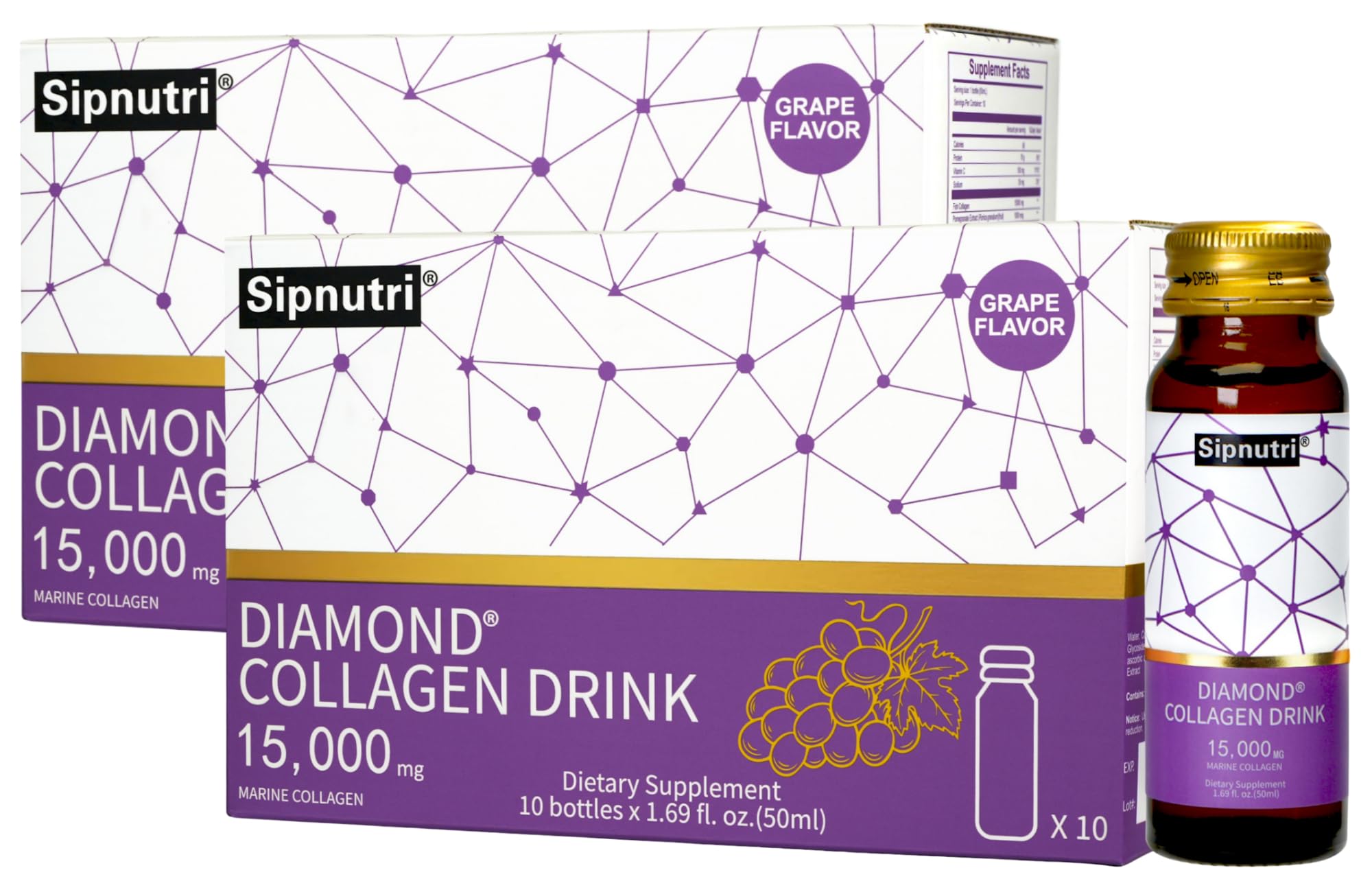 Sipnutri Diamond Collagen, botella de 50 ml lista para llevar, cuidado diario de la piel.