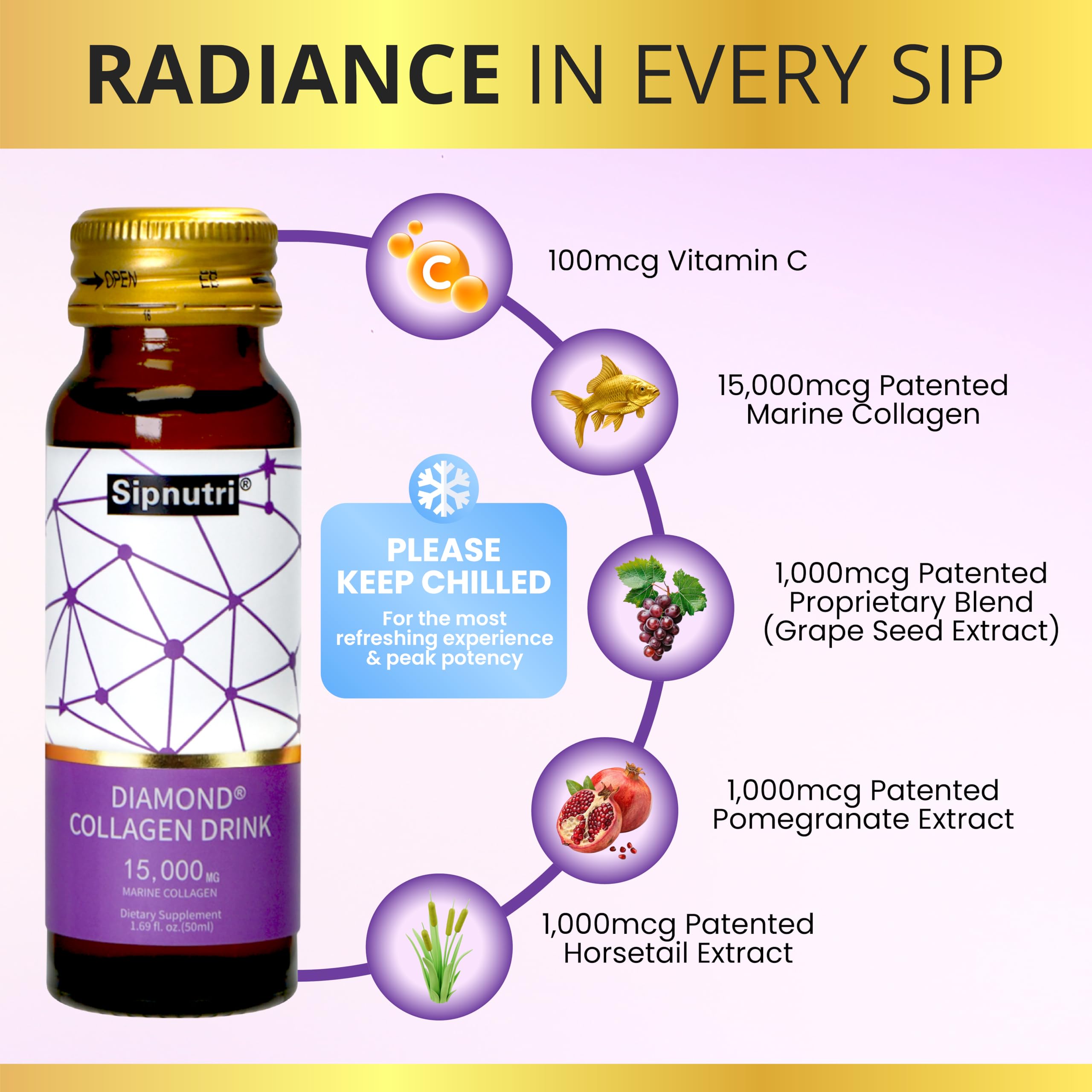 Sipnutri Diamond Collagen con vitamina C, favorece luminosidad de la piel.