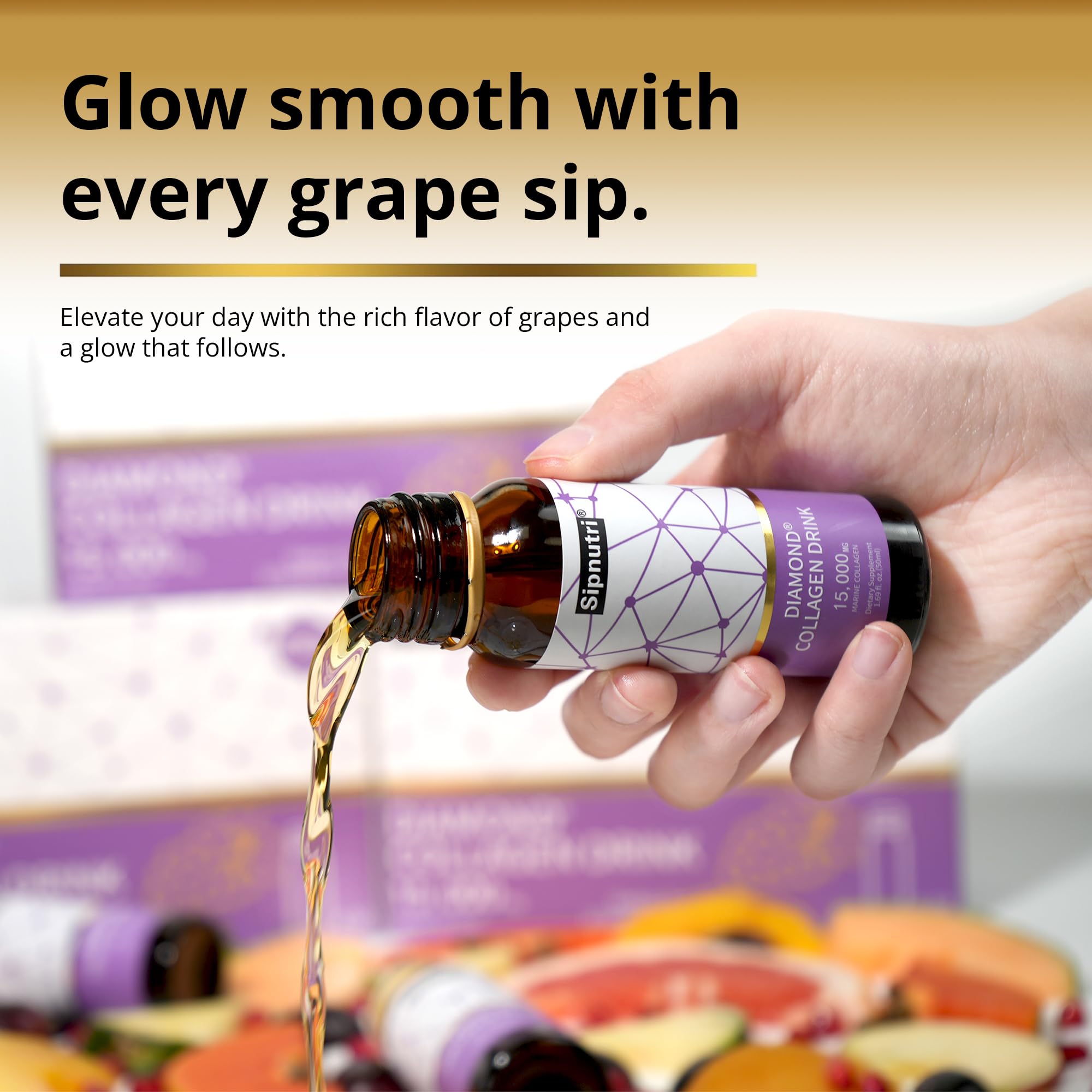 Sipnutri Diamond Collagen en mini botellas portátiles, ideal para llevar.