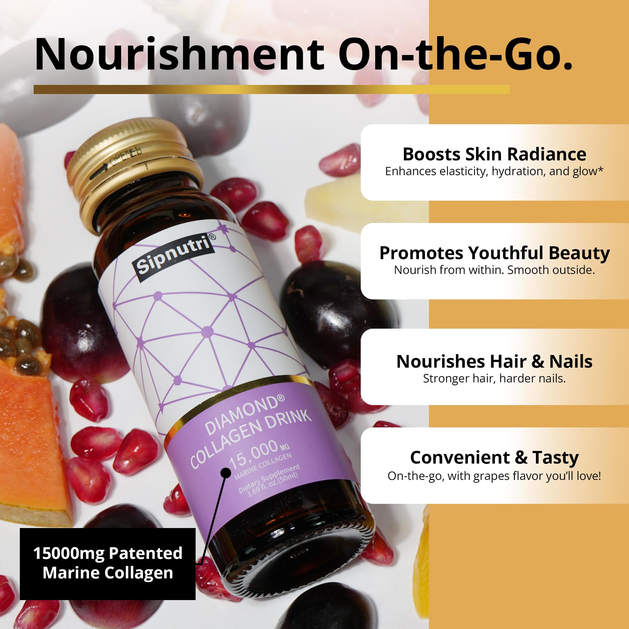Sipnutri Diamond Collagen, sabor uva, experiencia refrescante para beber.