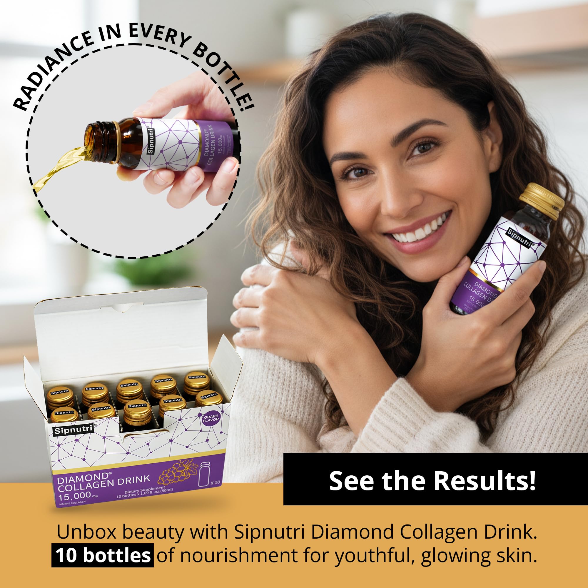 Sipnutri Diamond Collagen para consumo diario, formato listo para beber.