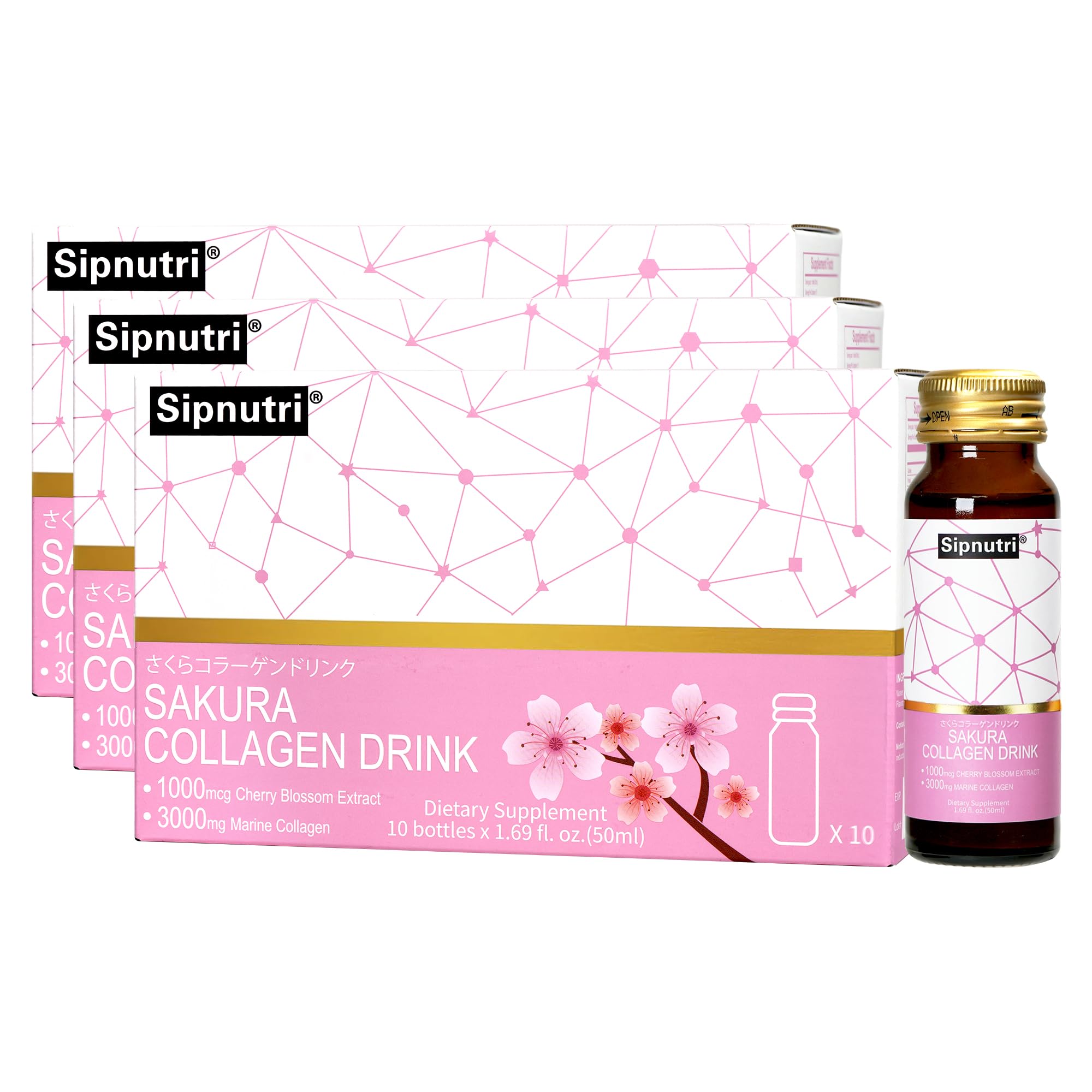 Sipnutri Sakura Collagen, botella-50ml, apoyo a la hidratación y elasticidad de la piel.