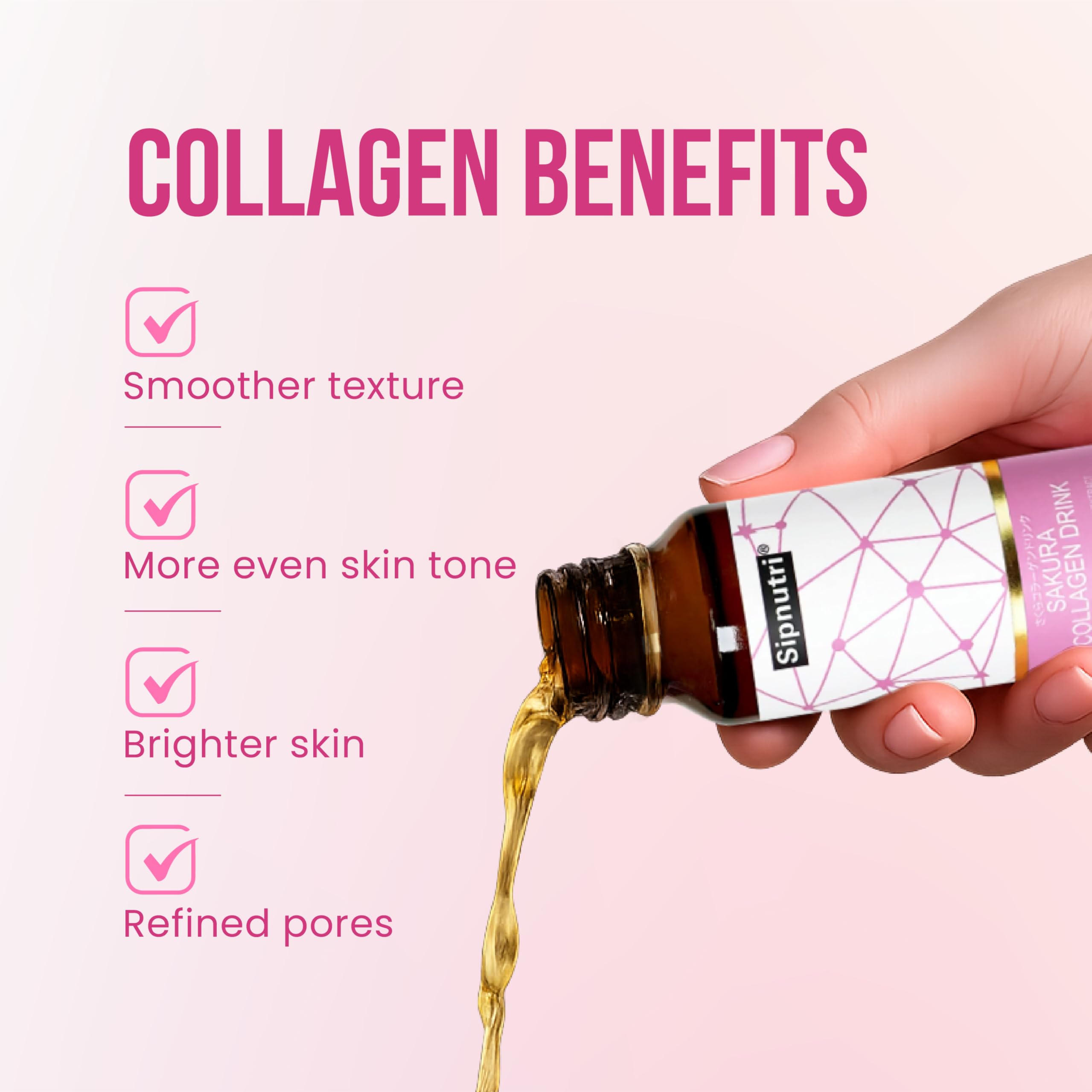 Sipnutri Sakura Collagen uso-diario, formato práctico para cabello y uñas más fuertes.