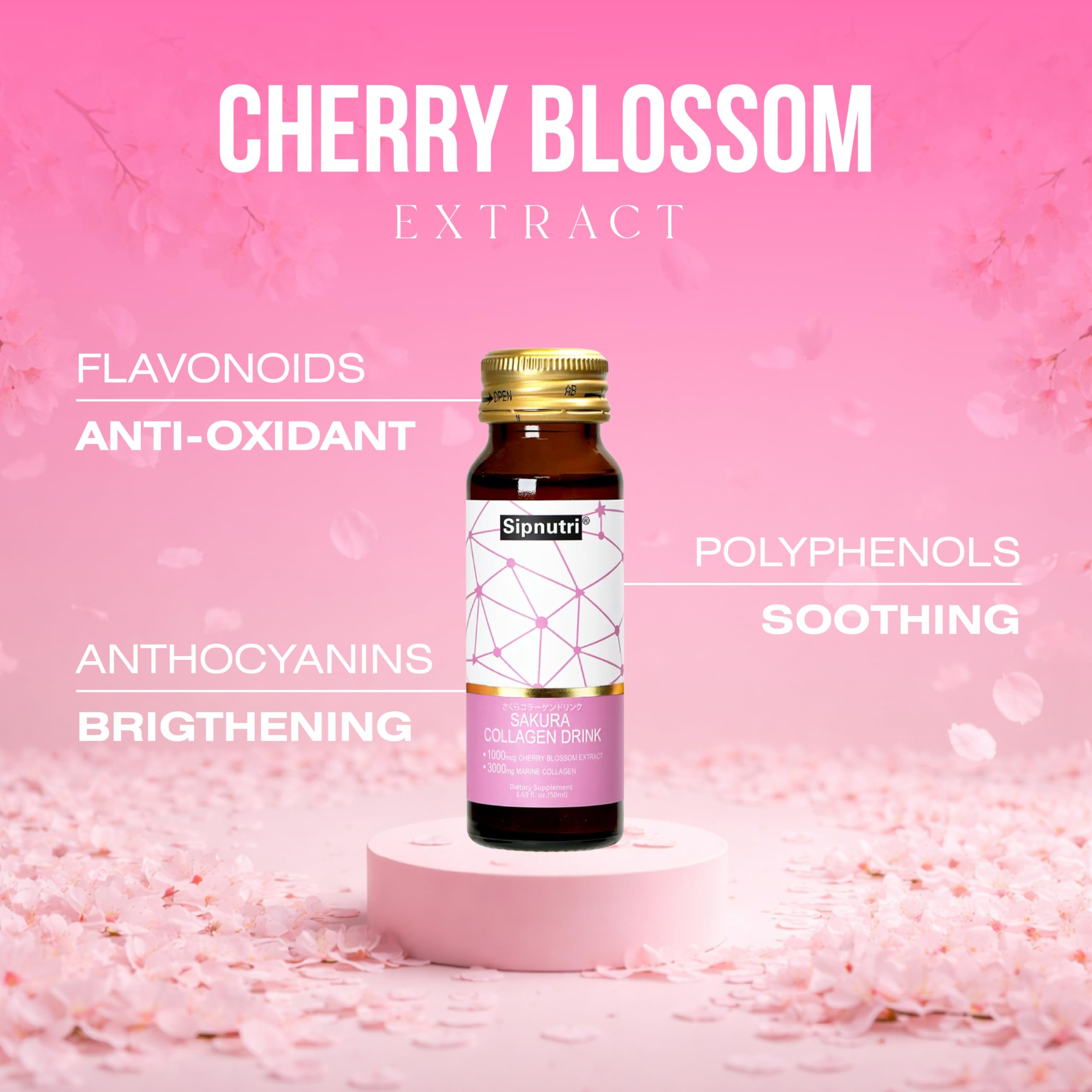 Sipnutri Glow Complex flor cerezo mangostán, antioxidantes para tono de piel uniforme.