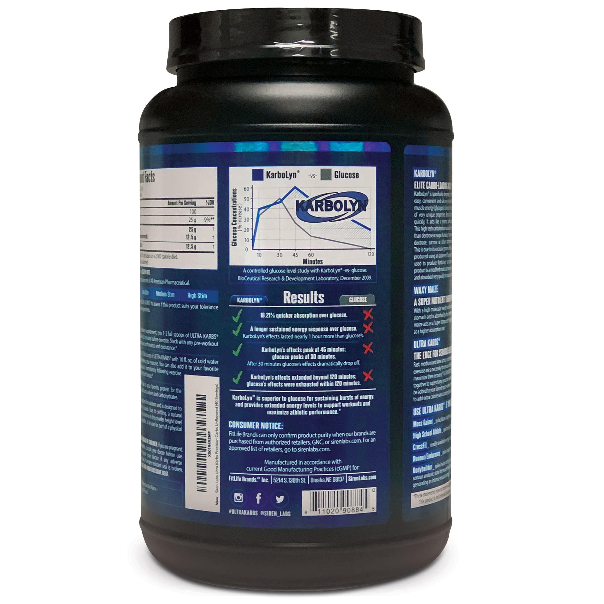 SirenLabs Ultra Karbs, envase compacto, ideal para tus sesiones de nutrición deportiva.