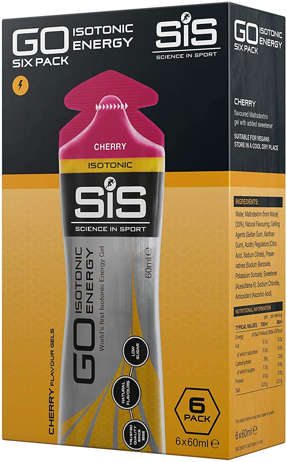 SIS Gel Energía cereza, empaque de seis, recarga rápida durante entrenamientos.