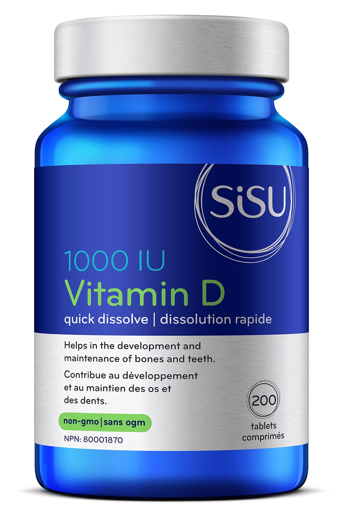 SISU Vitamina D 1000 UI, botella en primer plano, apoyo para la absorción de calcio.