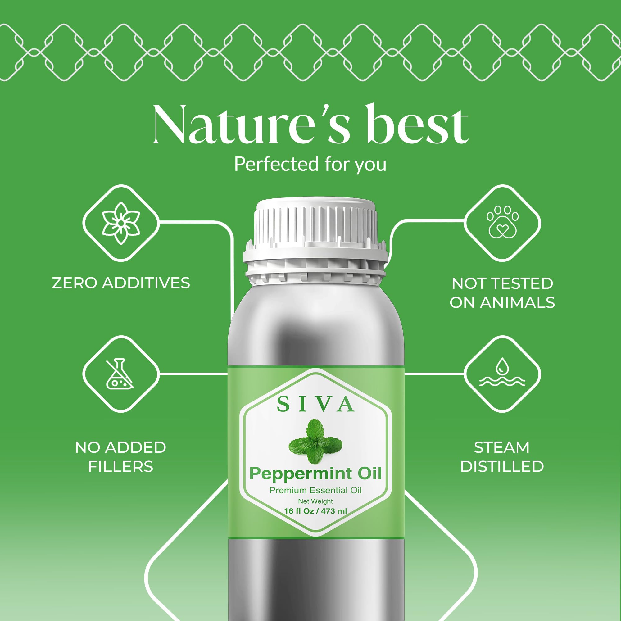 Difusor con aceite de menta SIVA ORGANICS para aromaterapia y ambiente fresco.