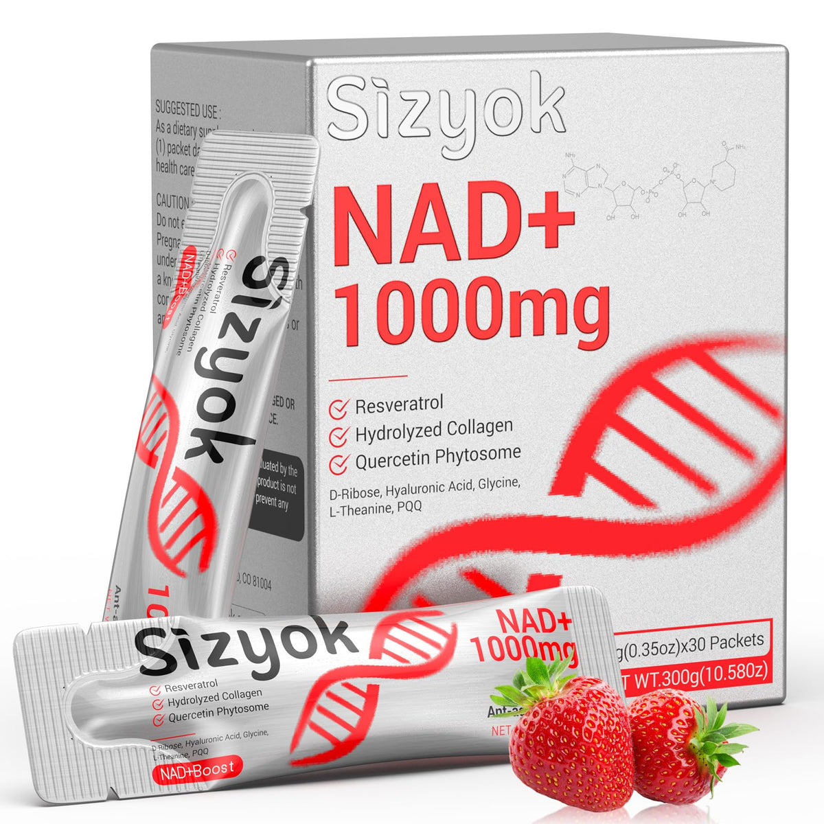 Sizyok NAD+ 1000mg líquido, botella frontal, promueve energía celular y vitalidad.