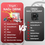 Sizyok NAD+ con etiqueta resveratrol, destaca trans-resveratrol para soporte antioxidante.