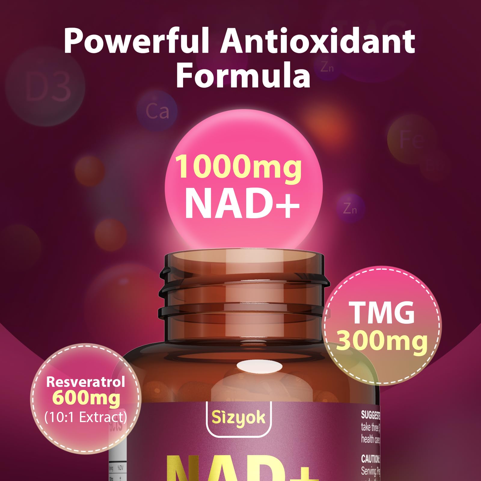 Sizyok Vitaminas B6, B12 y Folato en la botella para energía diaria.