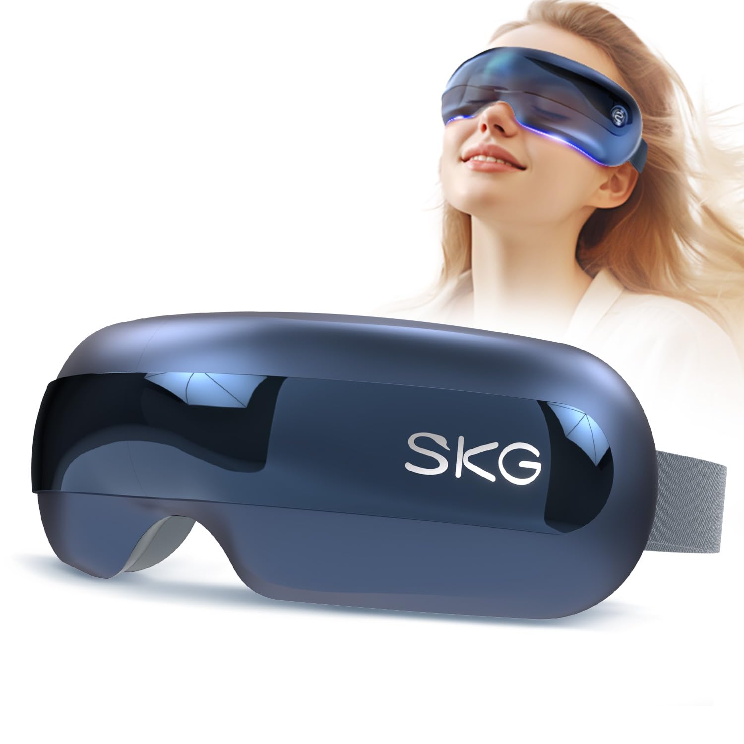 SKG Eye Massager con ventana de visión para entretenimiento y relajación ocular.