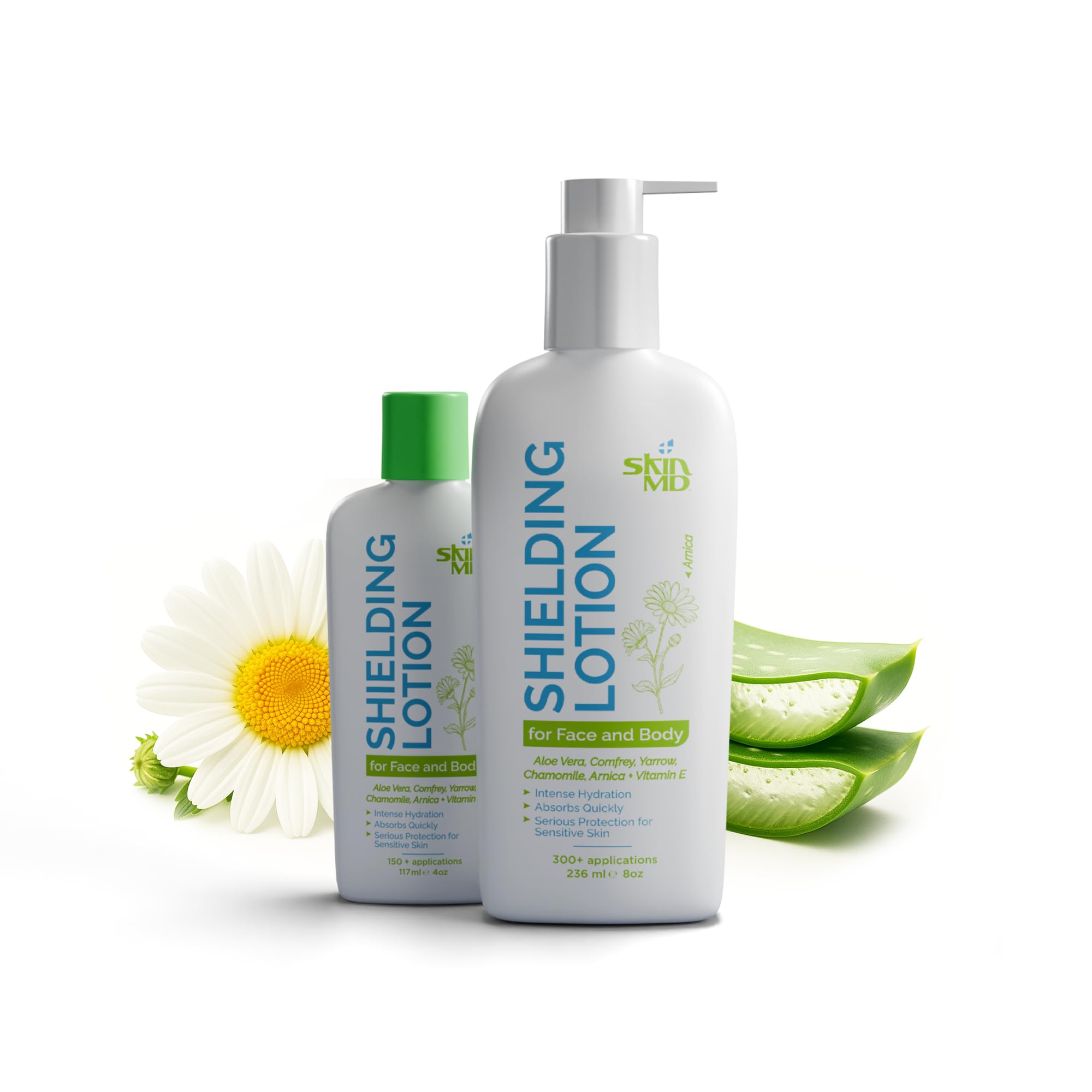 Skin MD Shielding Lotion con dispensador para hidratación suave en piel sensible.