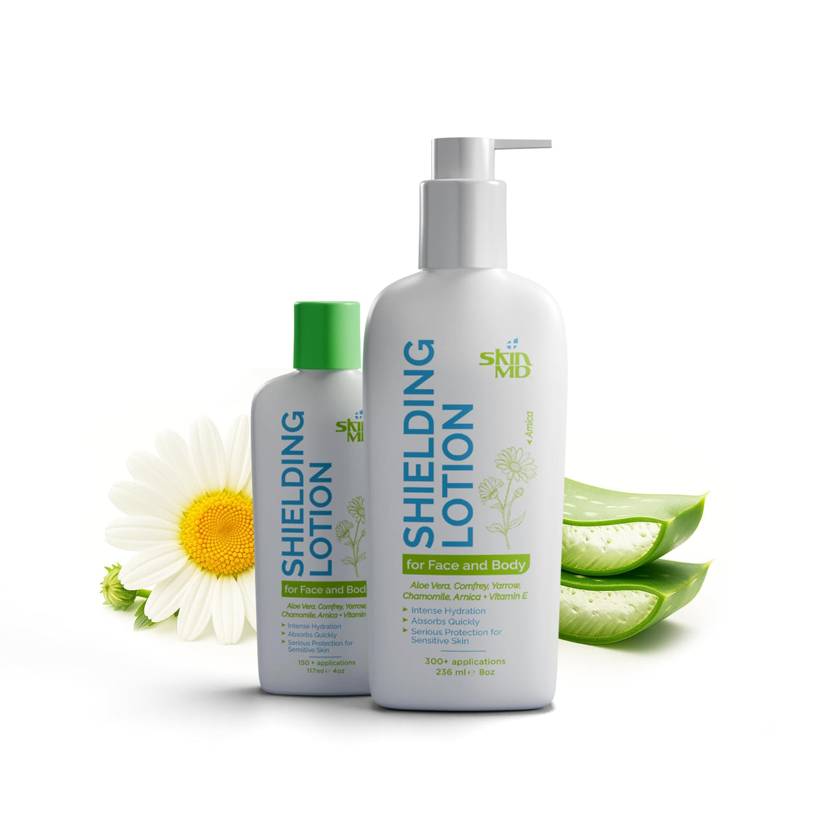 Skin MD Shielding Lotion con dispensador para hidratación suave en piel sensible.