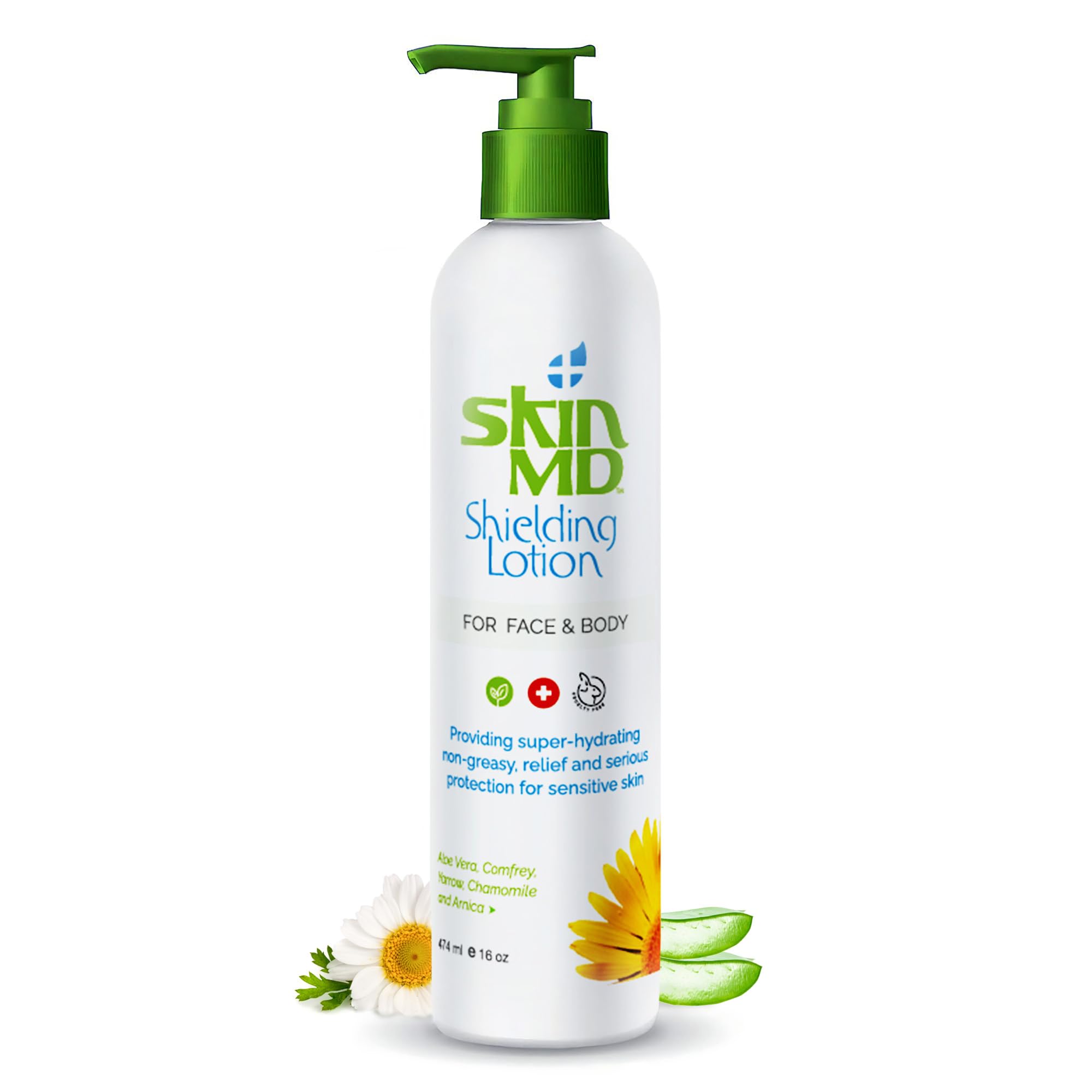 Skin MD Shielding Lotion con dispensador, hidratación suave para piel sensible.