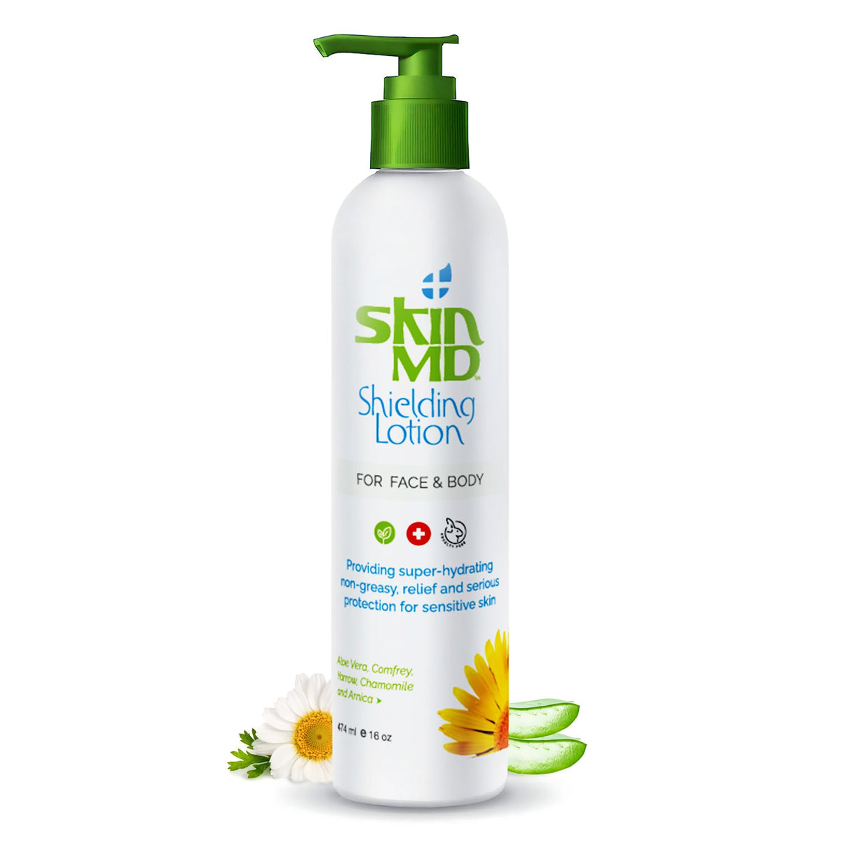 Skin MD Shielding Lotion con dispensador, hidratación suave para piel sensible.