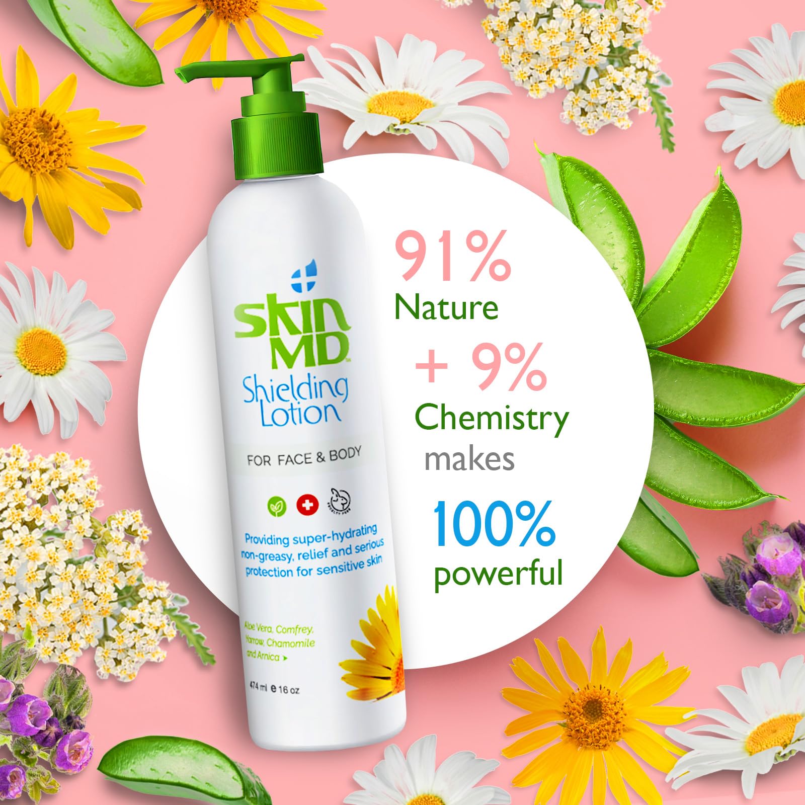 Skin MD Shielding Lotion para piel sensible, uso diario cómodo.